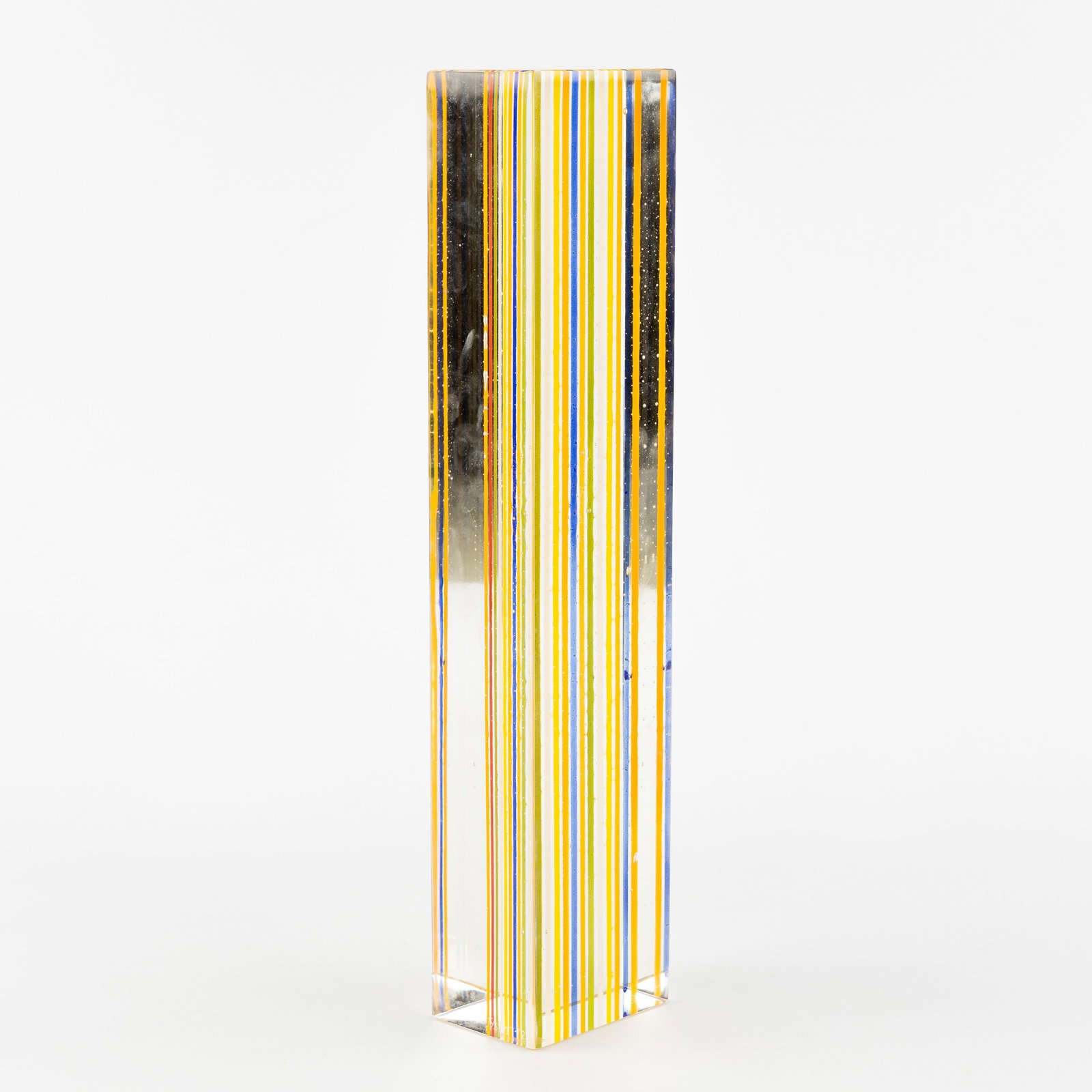 Jean Yves Staffe (1968) 'Sculpture Totem - Hommage aux Hopis - II 12', a glass sculpture.: Jean Yves Staffe (1968) 'Sculpture Totem - Hommage aux Hopis - II 12', a glass sculpture. Clear glass with coloured glass strips, created using the 'fusing' technique.Totem sculpture, as a standalone 