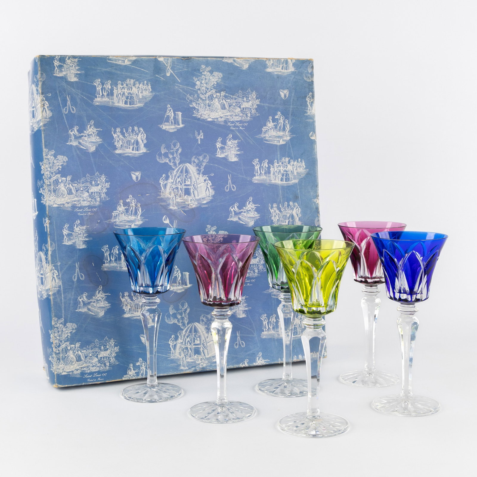 Saint Louis, Camargue, a set of 6 wine glasses in a storage box, coloured and cut glass.: Saint Louis, Camargue, a set of 6 wine glasses in a storage box, coloured and cut glass. Coloured and cut glass.Camargue model by Saint Louis, glasses unmarked. In original storage box