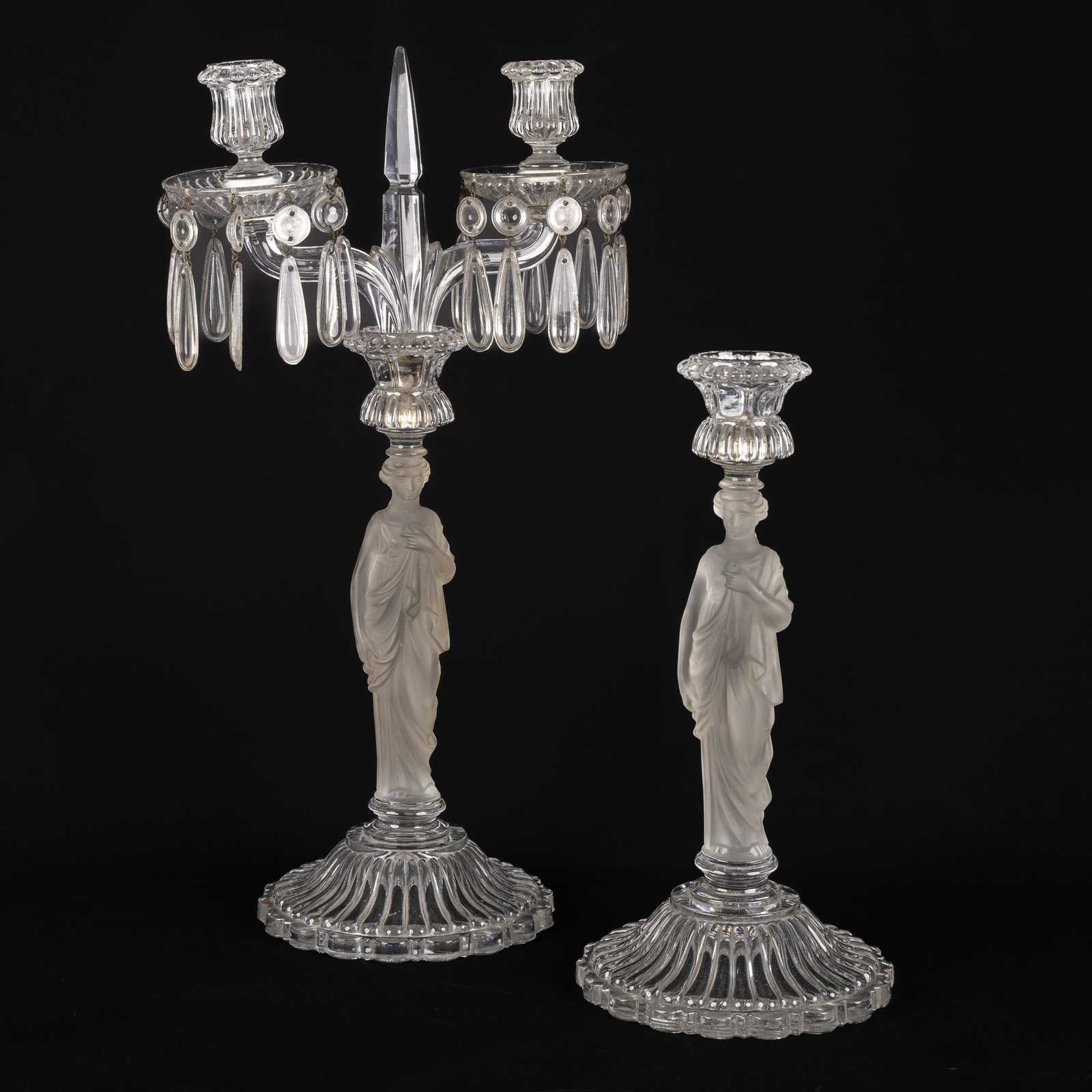 Baccarat, a pair of antique figurative candelabra with caryatids, crystal and frosted crystal, circa (1 of 13)