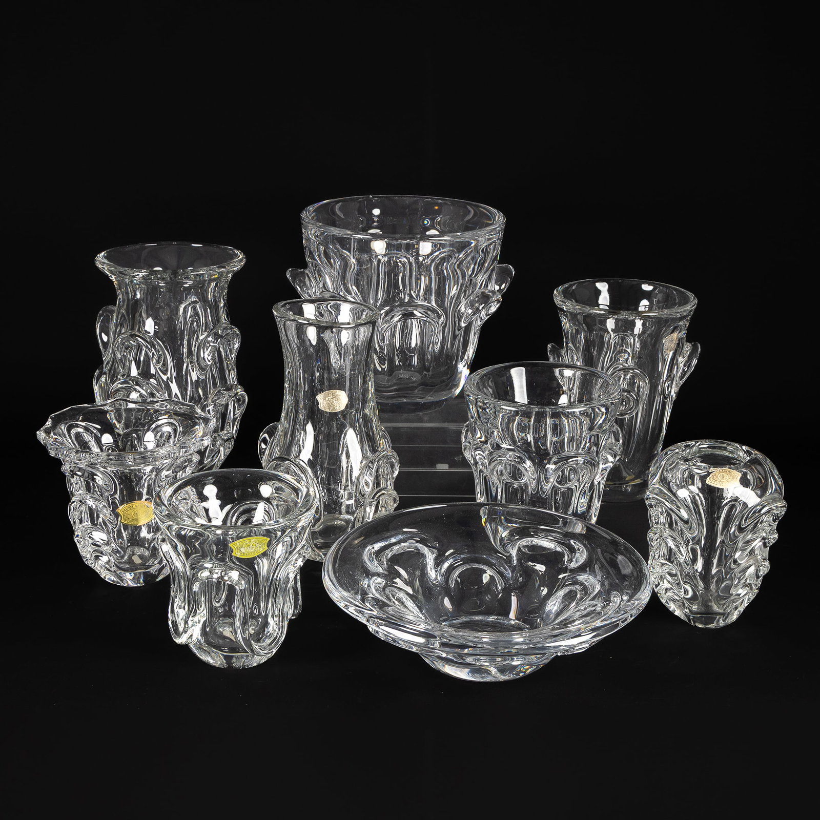 Val Saint Lambert, a collection of 9 pieces of clear crystal, with 8 vases and a bowl. (1 of 7)