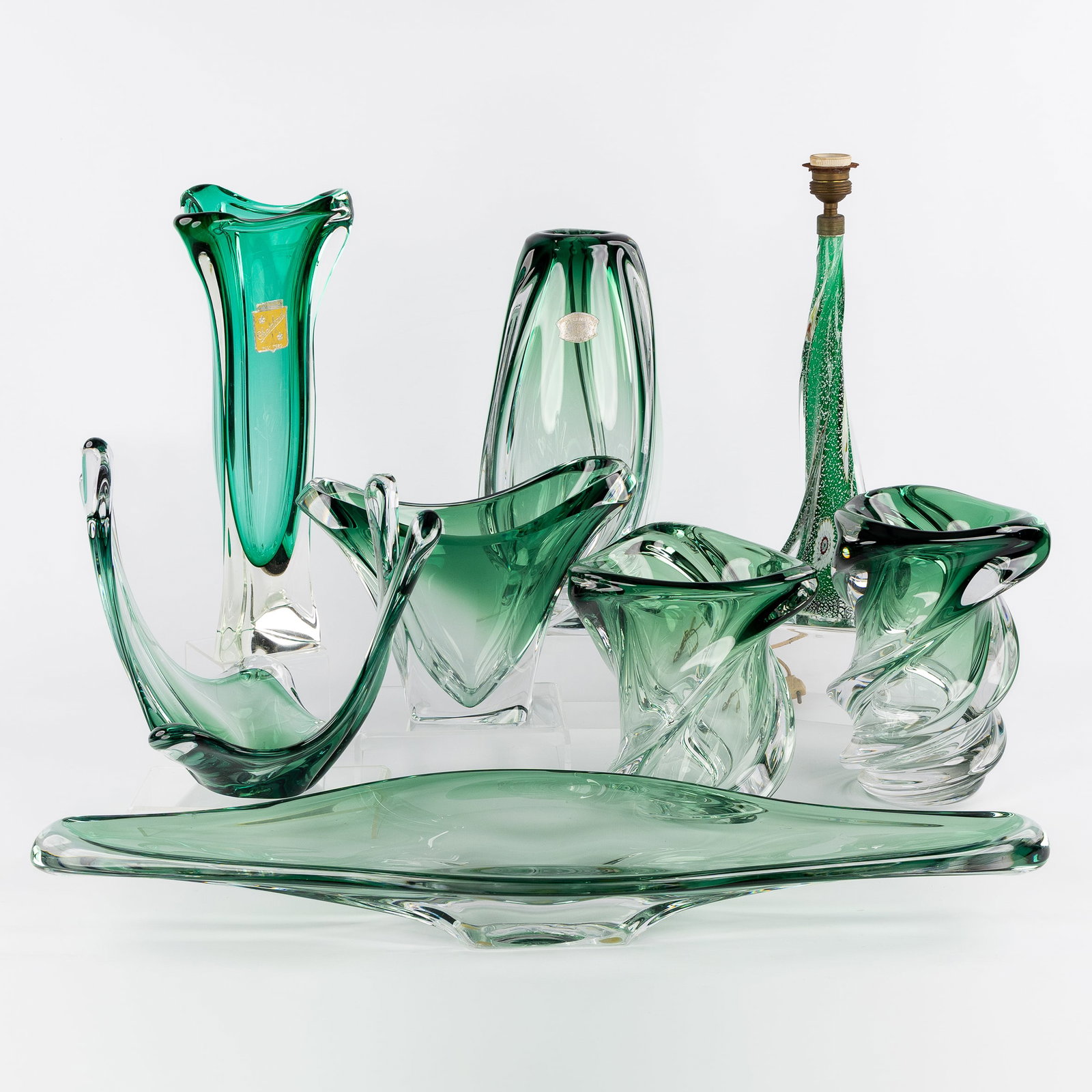 Val Saint Lambert and Murano, a collection of 8 pieces of dark green colored crystal, with 5 vases, (1 of 17)