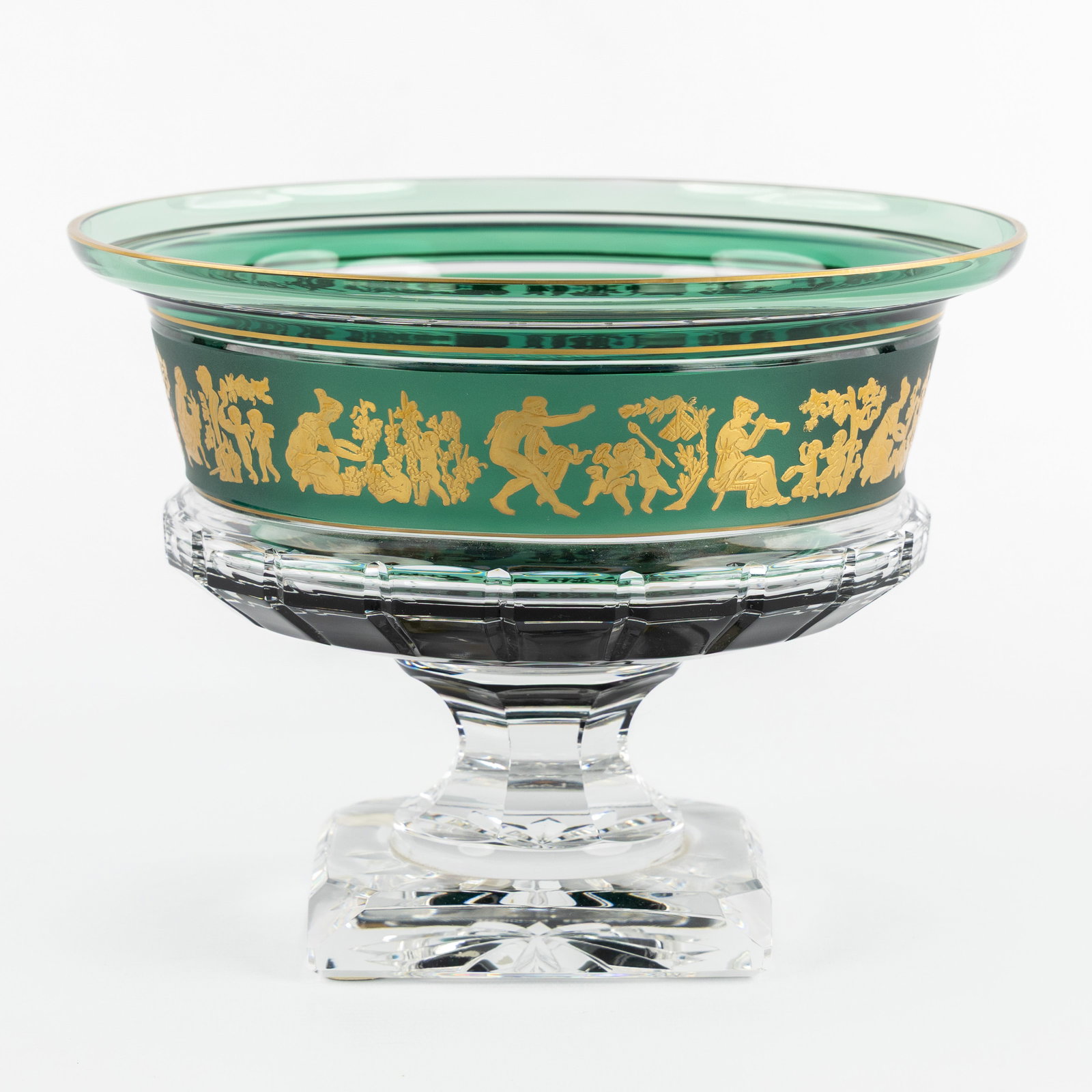 Val Saint Lambert, a bowl or coupe, Borodine Danse de Flore, coloured and cut crystal.: Val Saint Lambert, a bowl or coupe, Borodine Danse de Flore, coloured and cut crystal. Green coloured and cut crystal.Coupe or bowl, Borodine Danse de Flore, with gilded classical frieze.Signed 'Val