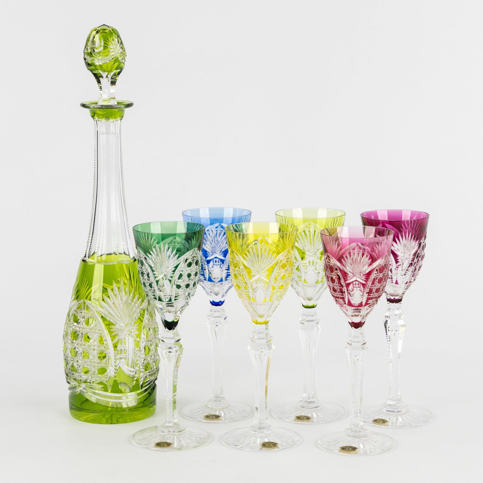 Val Saint Lambert ‘Richepin’, a carafe and 6 matching goblets or glasses. Cut and: Val Saint Lambert ‘Richepin’, a carafe and 6 matching goblets or glasses. Cut and coloured crystal. Val Saint Lambert, Richepin model.A carafe with 6 matching goblets or glasses.Cut and