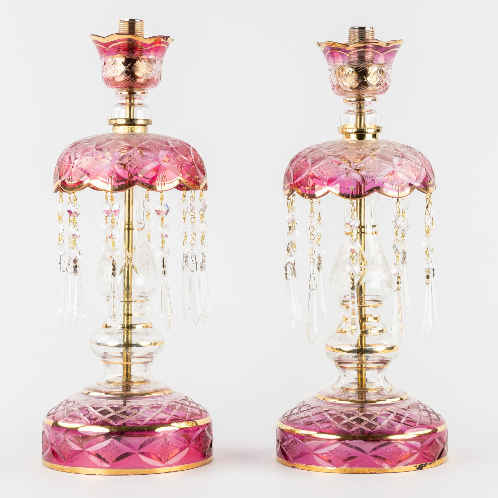 A Pair of Italian Table lamps or Lustres, coloured and cut crystal with gilded finish, 20th C. (1 of 8)