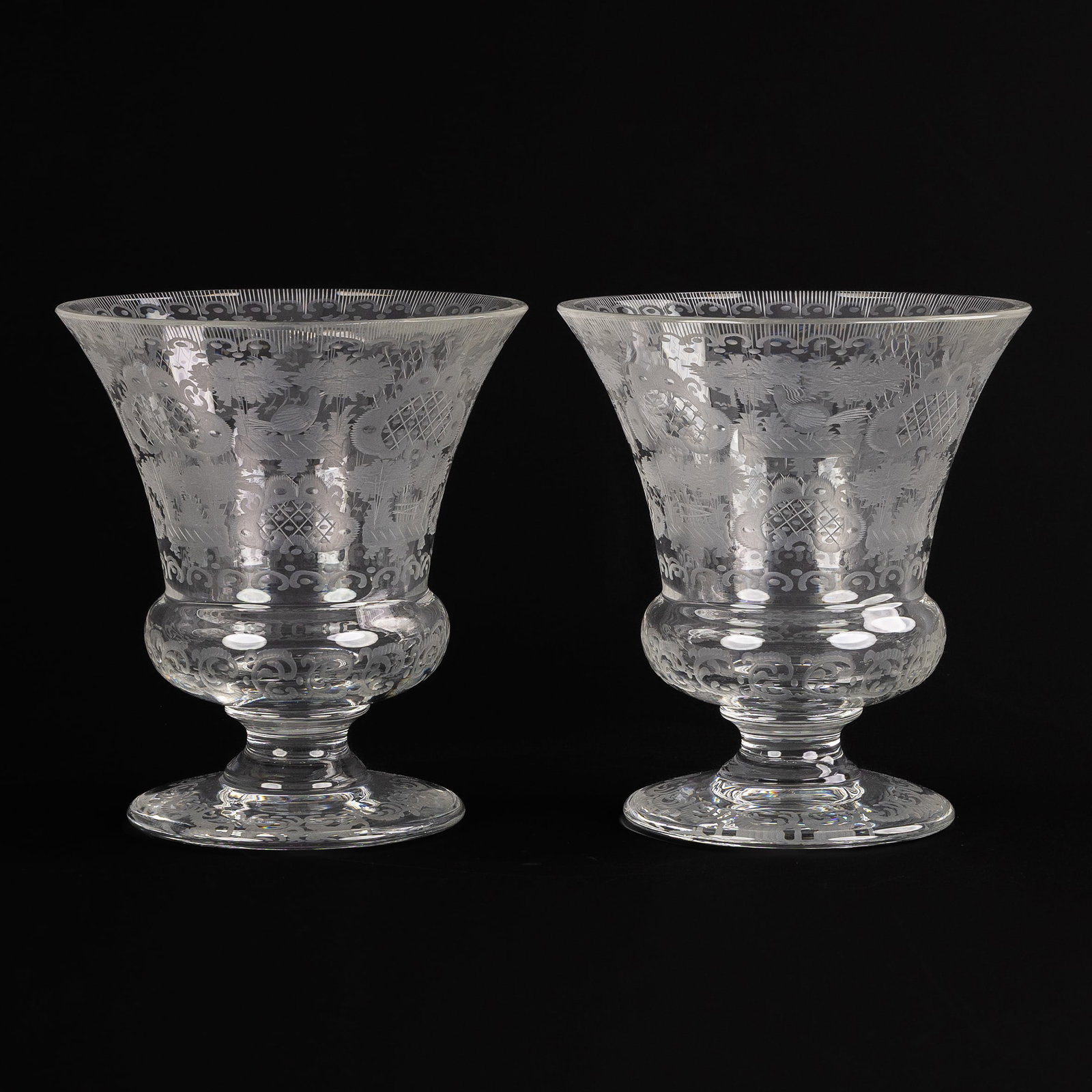 Val Saint Lambert, a pair of antique beaker vases or coupes, etched and cut crystal, circa: Val Saint Lambert, a pair of antique beaker vases or coupes, etched and cut crystal, circa 1900-1930. Cut and etched crystal.Beaker vases or coupes.Floral decoration with birds and cartouches.