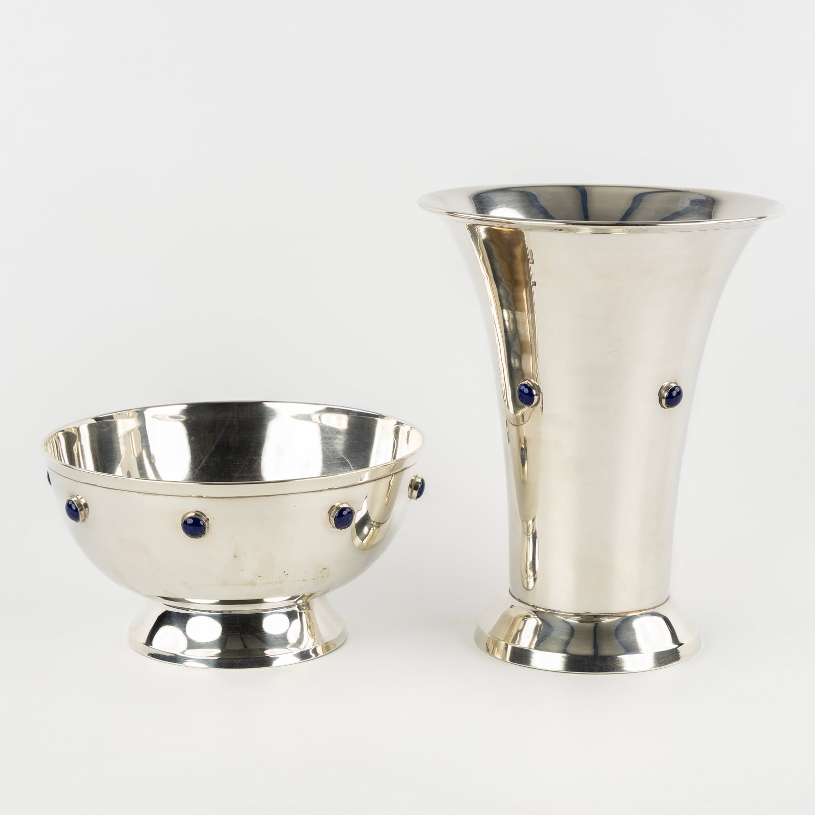 A Scottish Arts & Crafts vase and bowl, silver-plated brass and cabochons, circa 1920. (1 of 5)