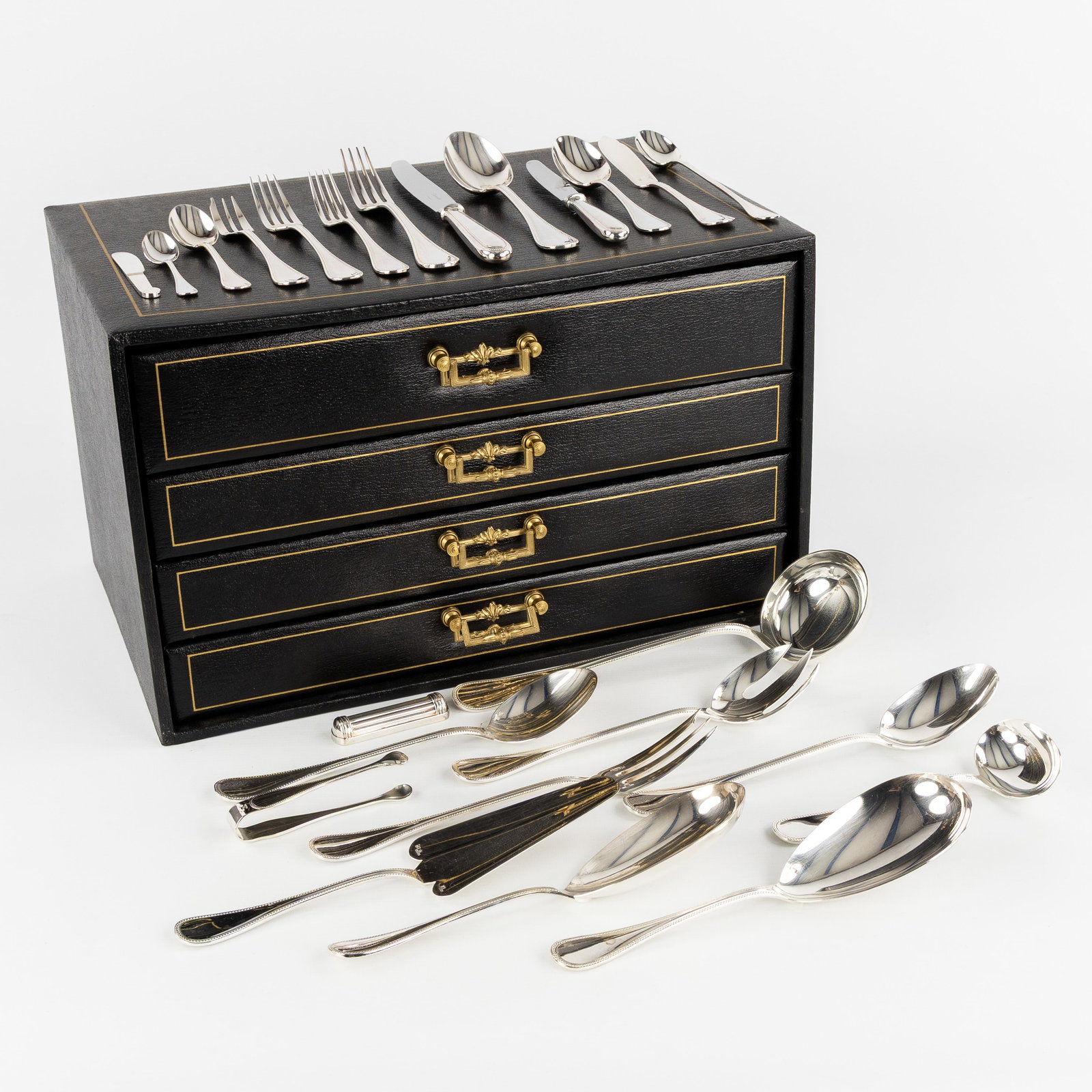 CHRISTOFLE Perles, a 176-piece cutlery set with an original case.: Christofle, Perles, a 164-piece cutlery set in an original Christofle case. 4 butter knives, designed by Luc Lanel for Christofle, Art Deco style6 iced tea spoons, long drink spoons. <