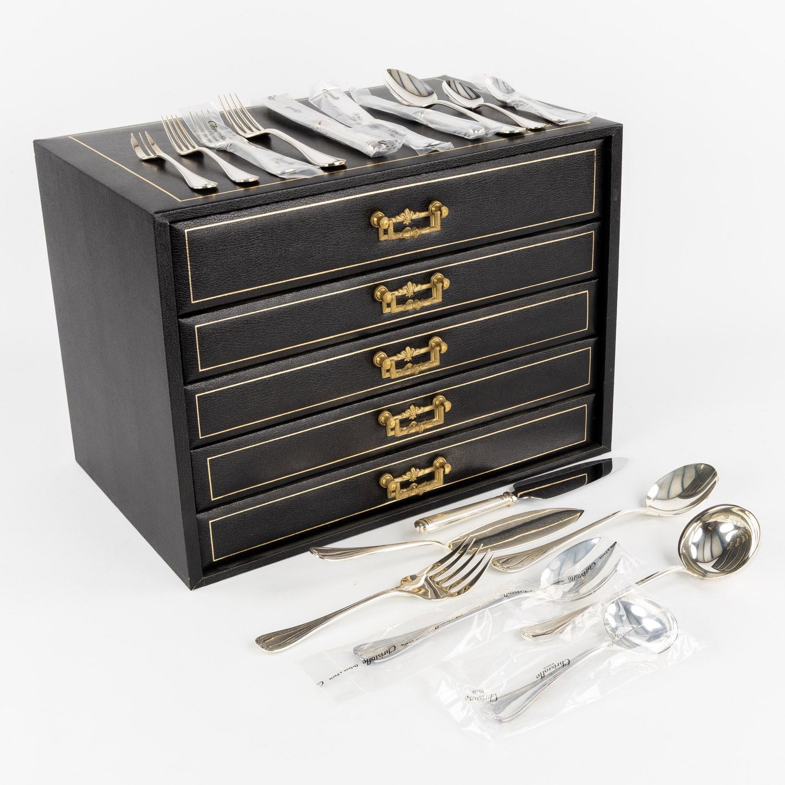 Christofle Malmaison, a 119-piece silver plated cutlery in a 5-drawer Christofle box. Mostly new and: Christofle Malmaison, a 119-piece silver plated cutlery in a 5-drawer Christofle box. Mostly new and sealed. 11 large forks 10 large spoons 12 large knives 12 fish forks 12 fish knives