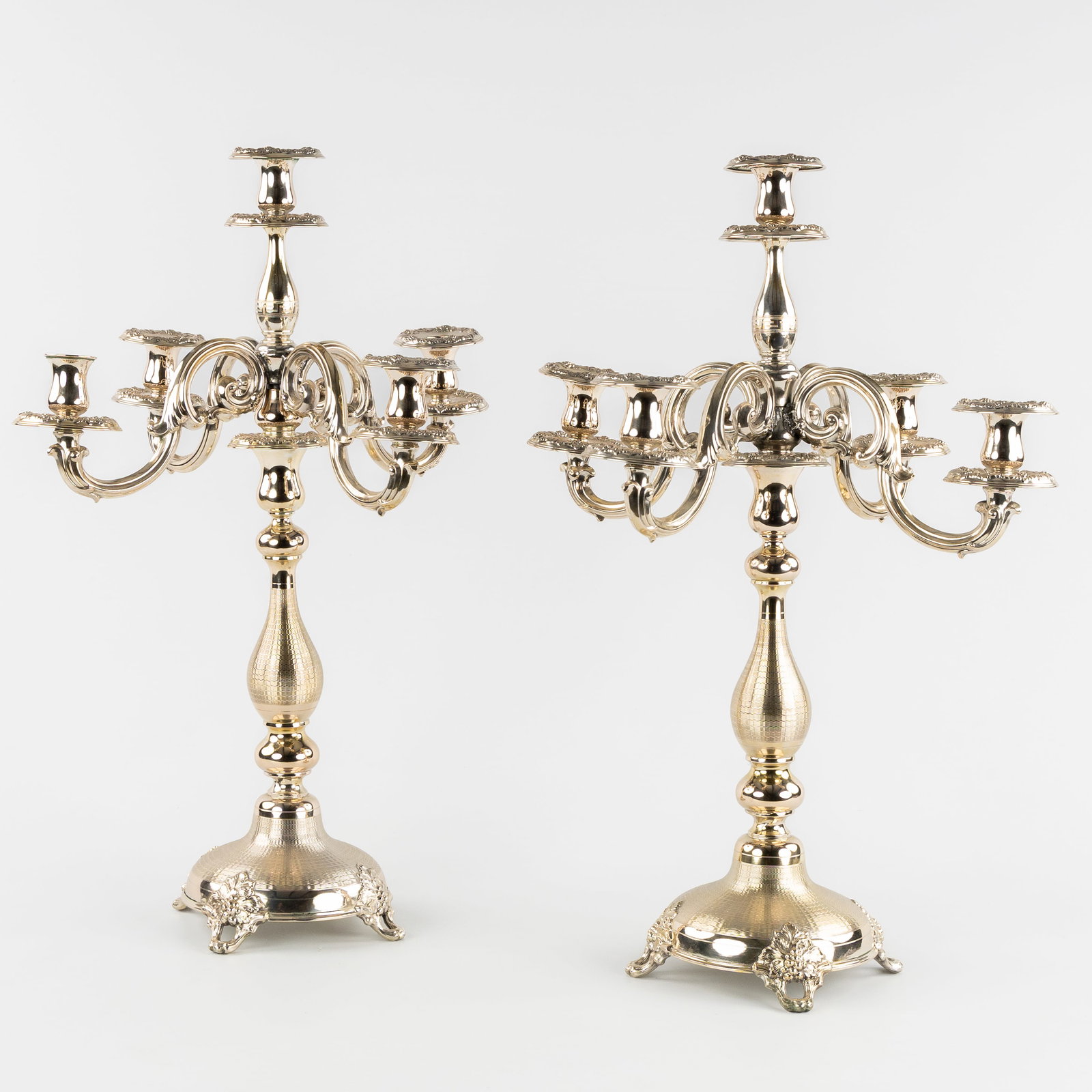 A Pair of large five-armed table candelabra, Baroque style, silver-plated metal, 20th C. (1 of 10)