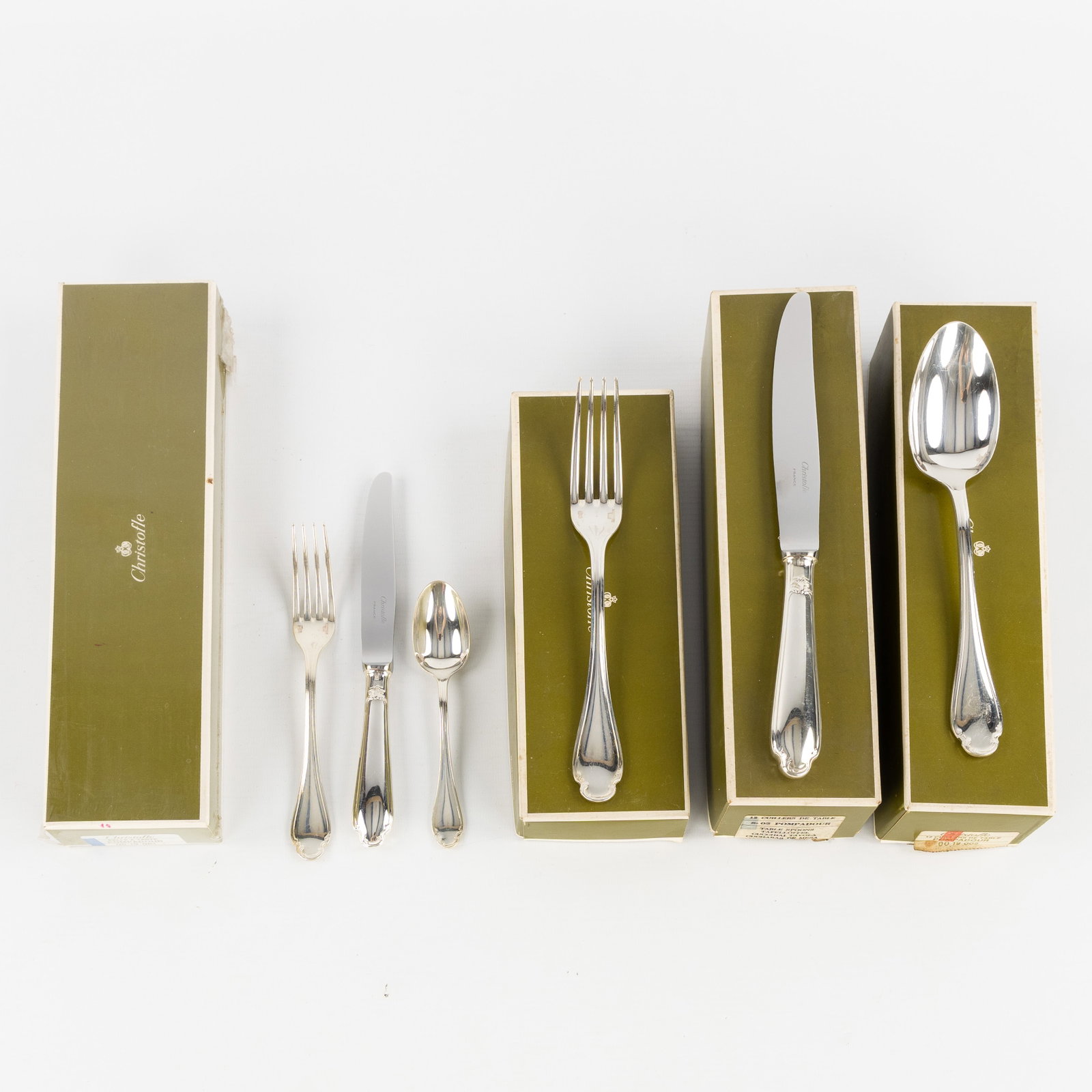 Christofle ‘Pompadour’, a 53-piece cutlery set. Mostly new in the packaging.: Christofle ‘Pompadour’, a 53-piece cutlery set. Mostly new in the packaging. 14 large forks.15 large knives14 large spoons 3 dessert forks3 dessert kn