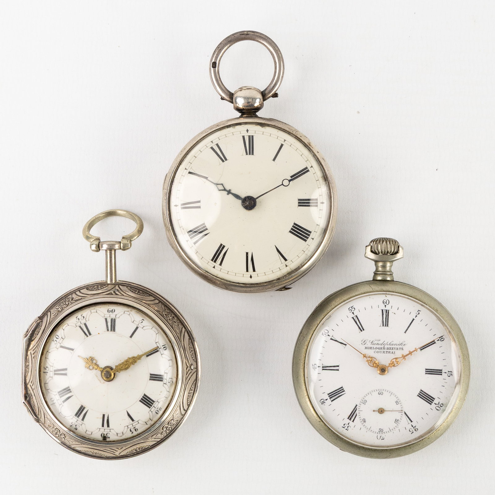 Two Antique silver pocket watches, Willson, Kay Walworth Road Newington, England, 18th C.. Added a: Two Antique silver pocket watches, Willson, Kay Walworth Road Newington, England, 18th century. Added a metal pocket watch. Willson London. Double watch case, silver. Outer case, silver, decorated wit