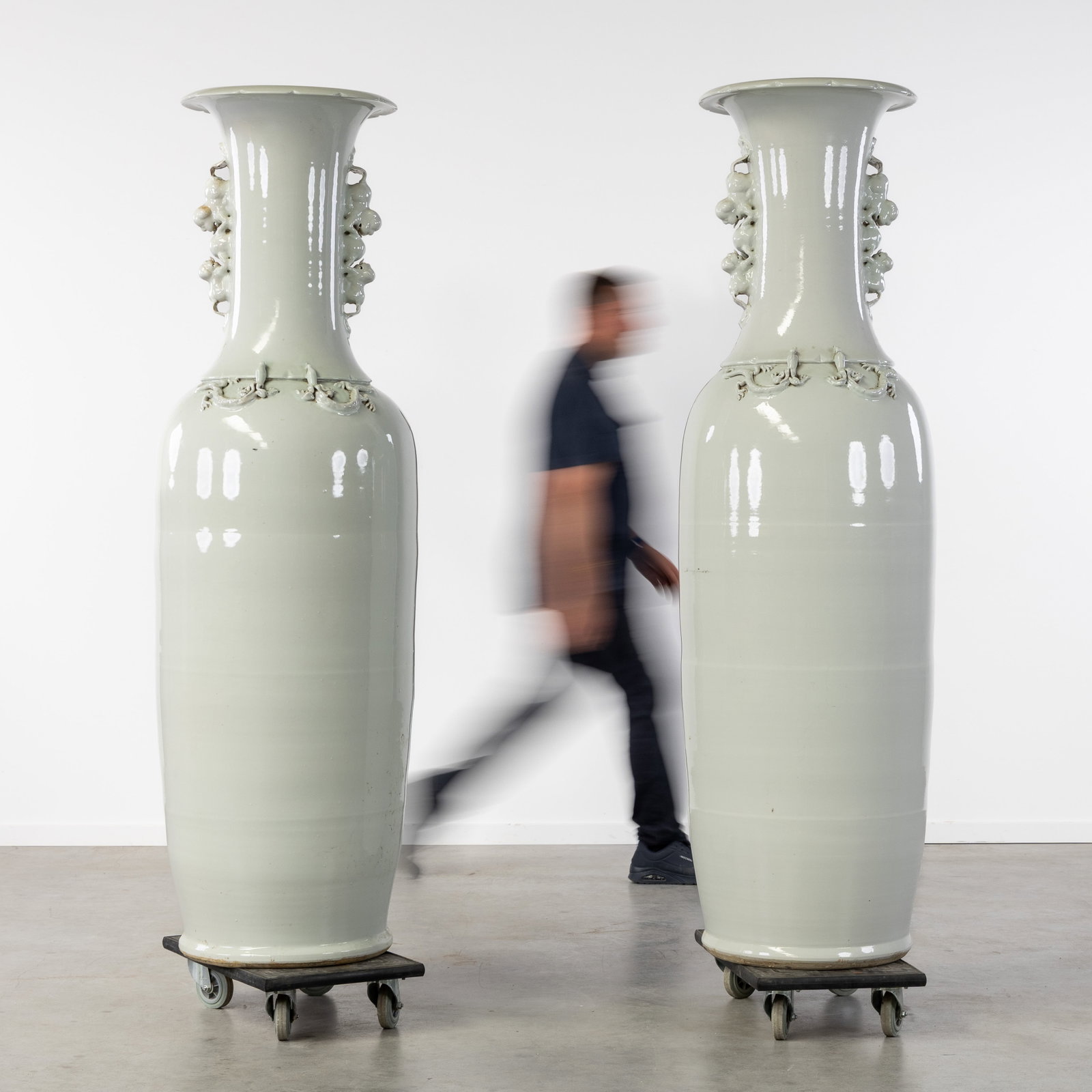 A Pair of exceptionally large Chinese palace vases (H:182 cm), Blanc de Chine, decorated with (1 of 8)