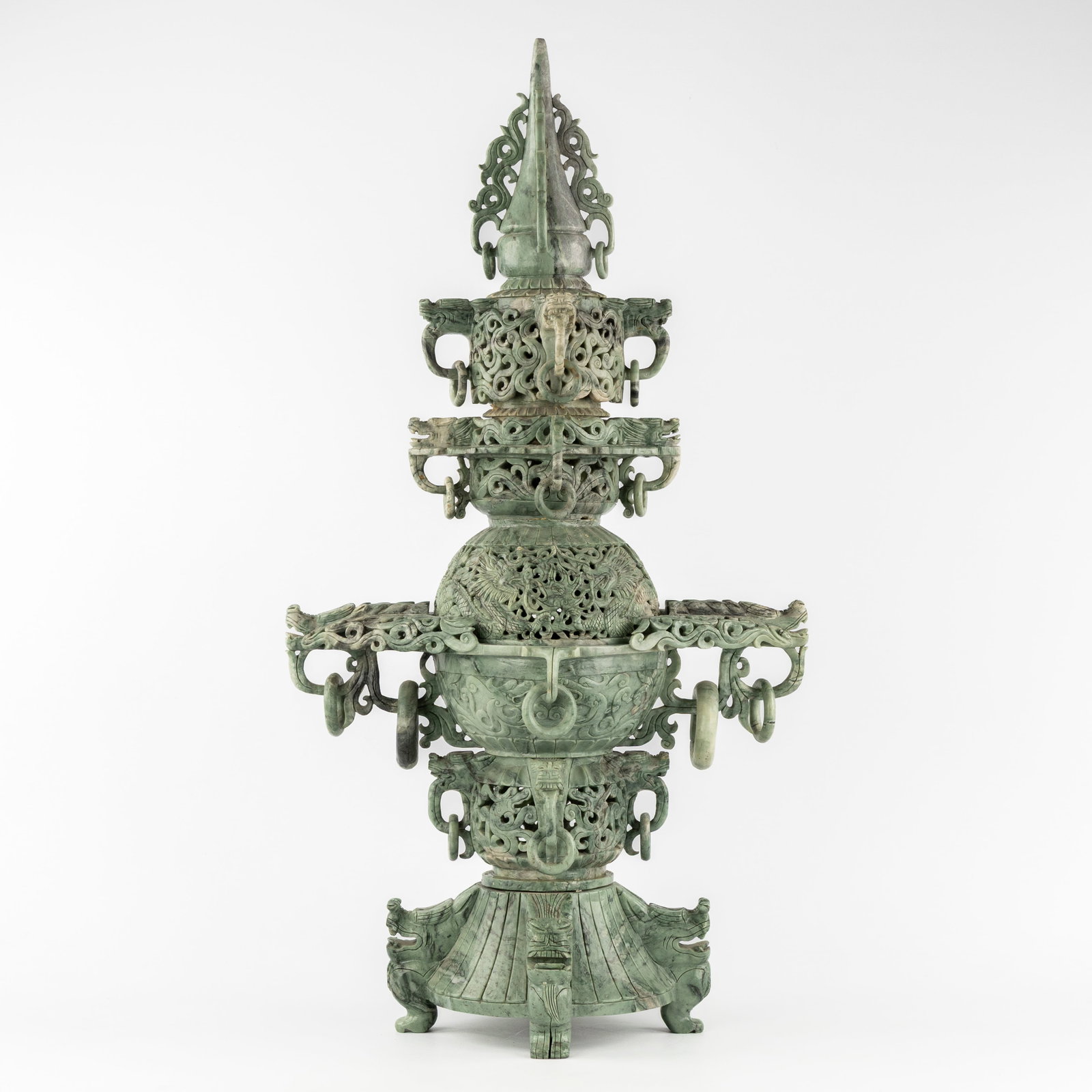 A Large Chinese 'Dragon' incense burner, sculptured jade or hardstone, 20th C.: A Large Chinese 'Dragon' incense burner, sculptured jade or hardstone, 20th century. Sculptured jade or hardstone.Incense burner constructed from three parts.Mounted on a wooden base.