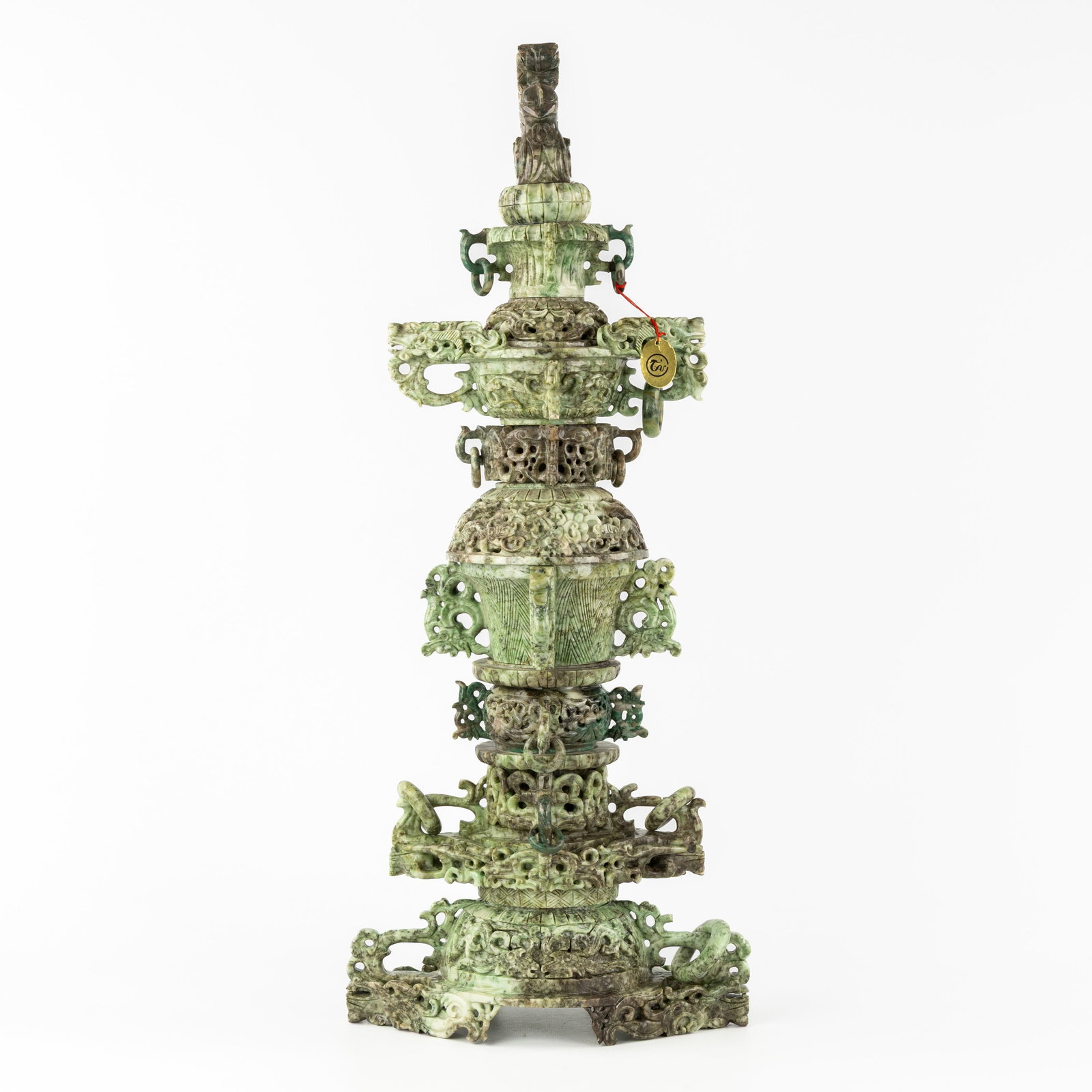 A Chinese 'Dragon' incense burner, sculptured jade or hardstone, 20th C.: A Chinese 'Dragon' incense burner, sculptured jade or hardstone, 20th century. Sculptured jade or hardstone.Incense burner constructed from two parts. Total height: 73 cm.He