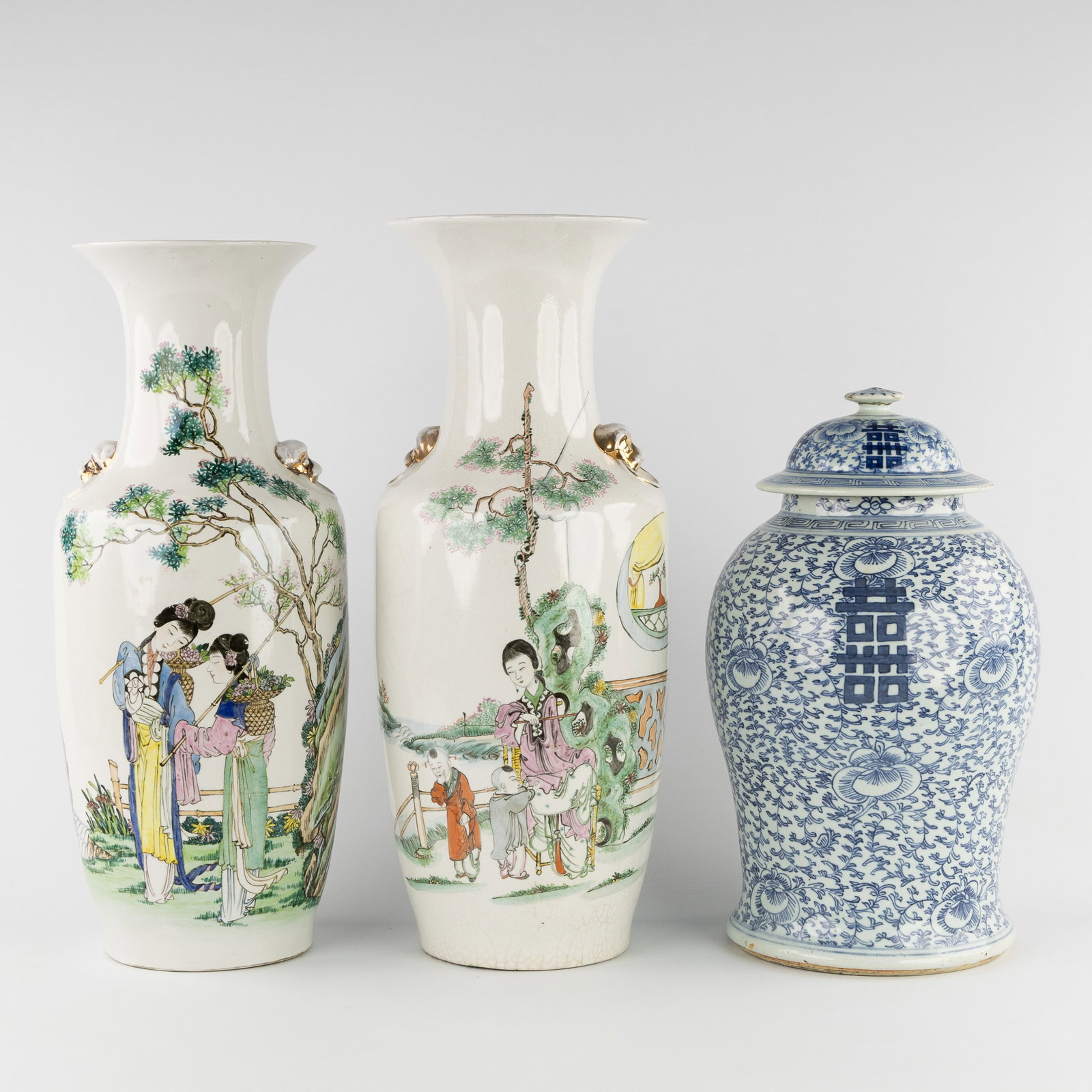 Three Chinese vases, Blue and White with double auspicious symbols and Famille Rose with court (1 of 12)