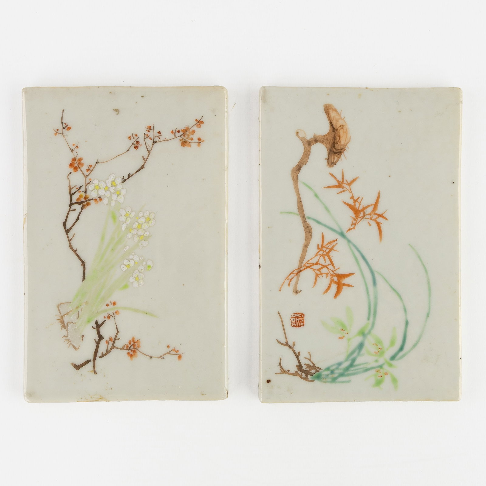 Two Antique Chinese Famille Rose porcelain tiles, floral decor with blossom branches, bamboo, and: Two Antique Chinese Famille Rose porcelain tiles, floral decor with blossom branches, bamboo, and lingzhi. Chinese porcelain, Famille Rose.Decorated with flowers, grasses, blossom branches, bamboo, an