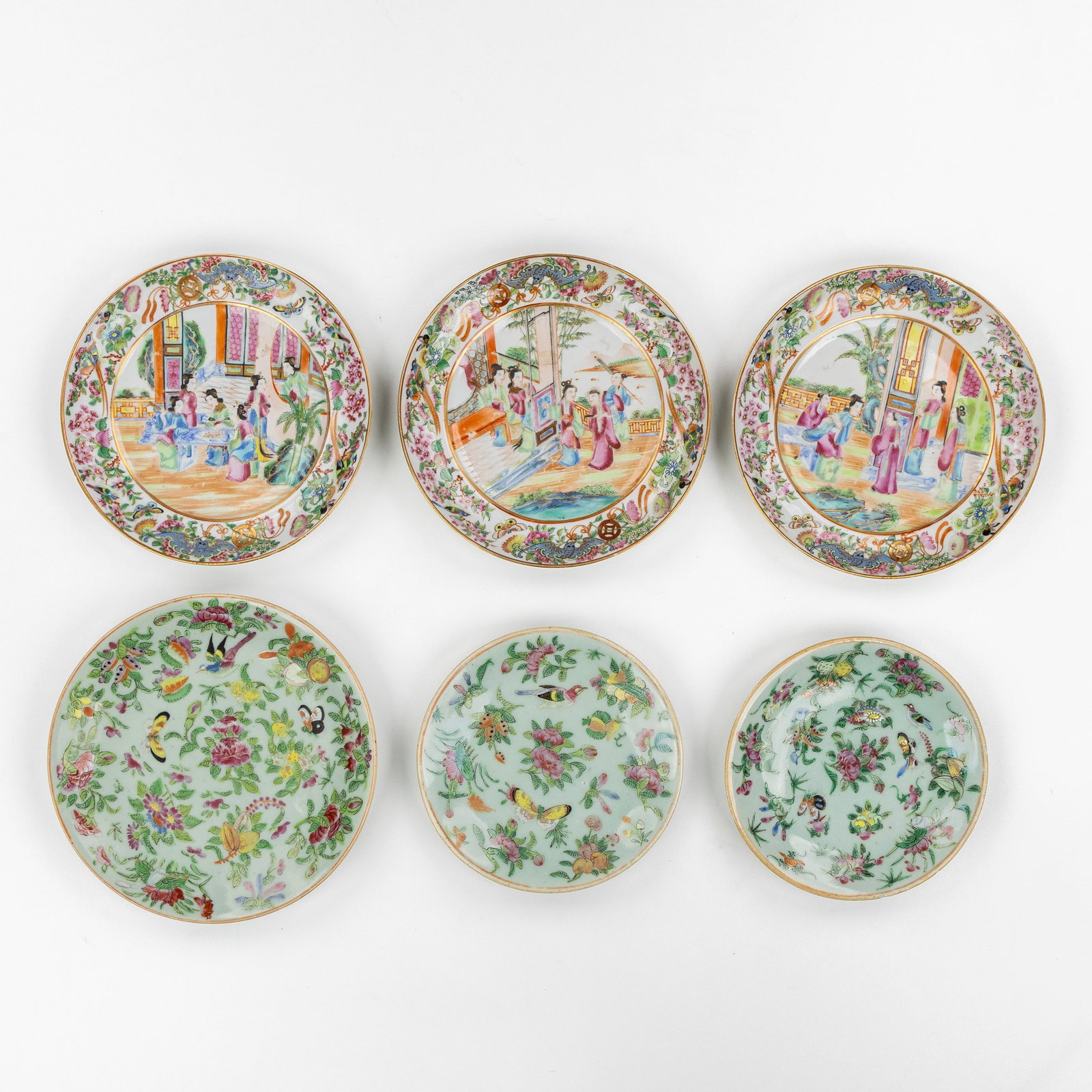 Six Chinese Famille Rose plates, Canton and Celadon, 19th/20th C. (1 of 9)