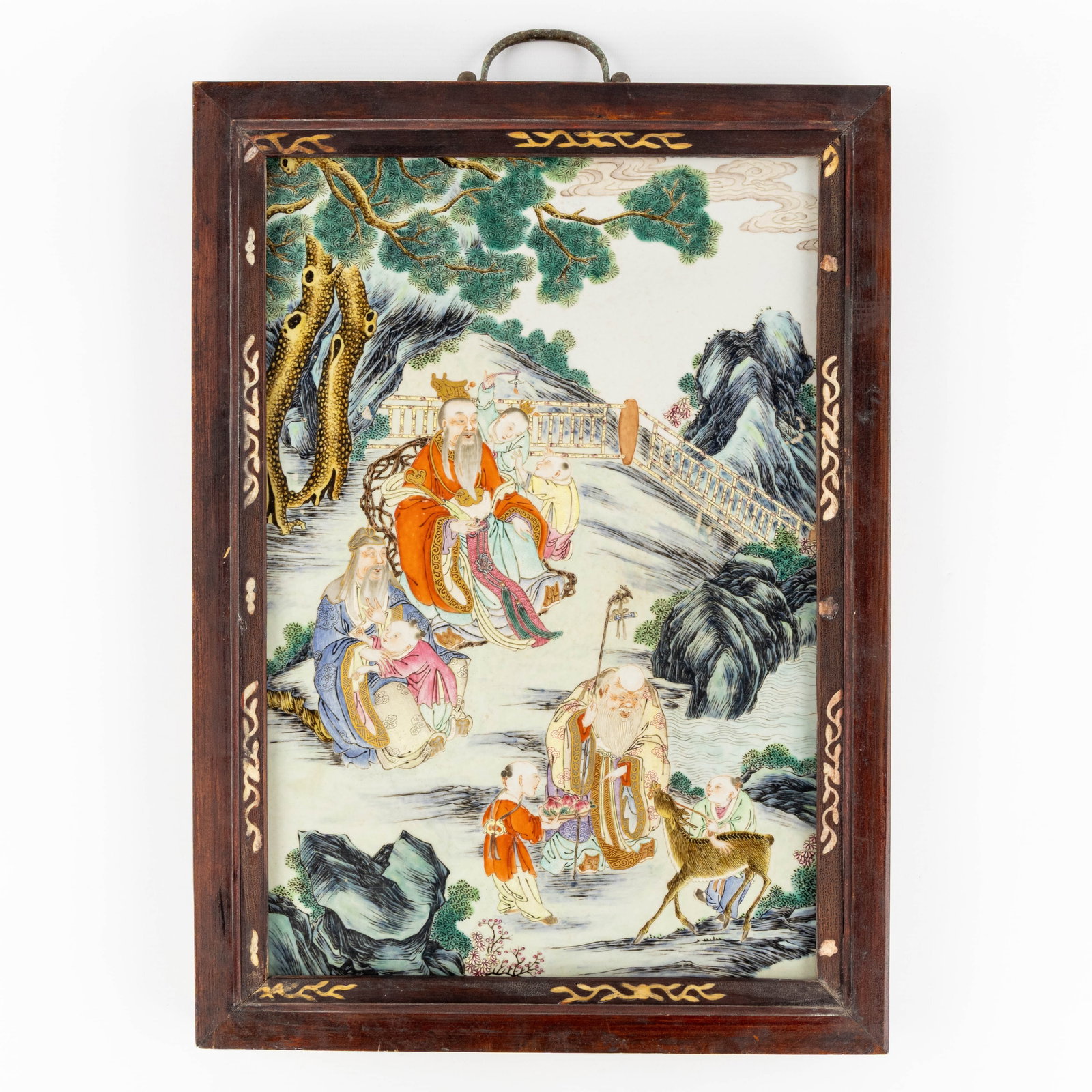 A Chinese porcelain plaque with Fu, Lu, and Shou and the Young Emperor with a Deer, Famille Rose.: A Chinese porcelain plaque with Fu, Lu, and Shou and the Young Emperor with a Deer, Famille Rose. Chinese porcelain, Famille Rose.Plaque, decorated with a figurative scene featuring the three Fortune 