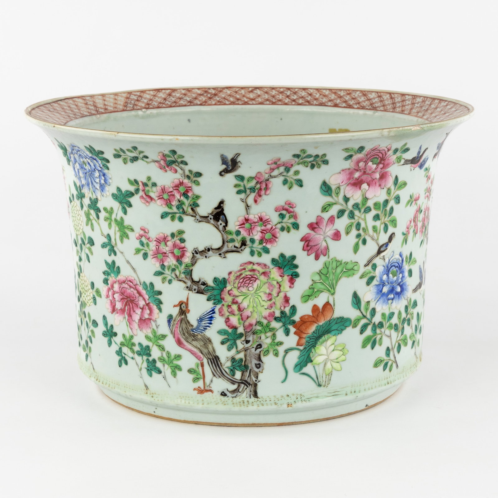 A Large Chinese jardinière or cache pot, Famille Rose, Celadon, Fauna and flora decor, (1 of 10)