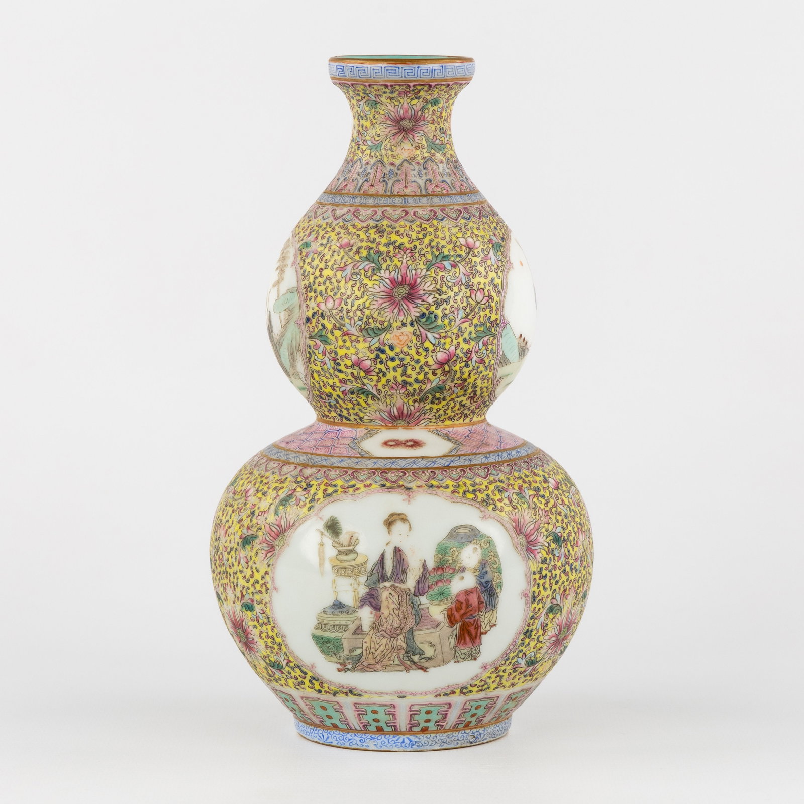 A Chinese Double Gourd vase, Famille Rose, finely decorated with figurative scenes, marked Qianlong,: A Chinese Double Gourd vase, Famille Rose, finely decorated with figurative scenes, marked Qianlong, 20th century. Chinese porcelain, famille rose.Double Gourd vase.Finely decorated on a yellow back
