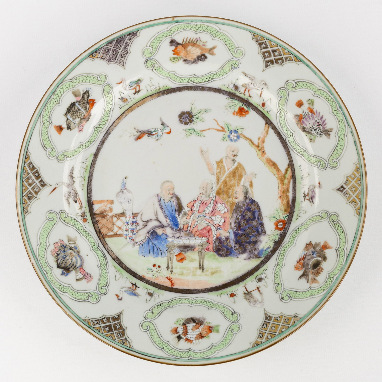A Chinese Famille Rose 'Doctor's Visit' plate, after Cornelius Pronk, 19th/20th C. (1 of 6)