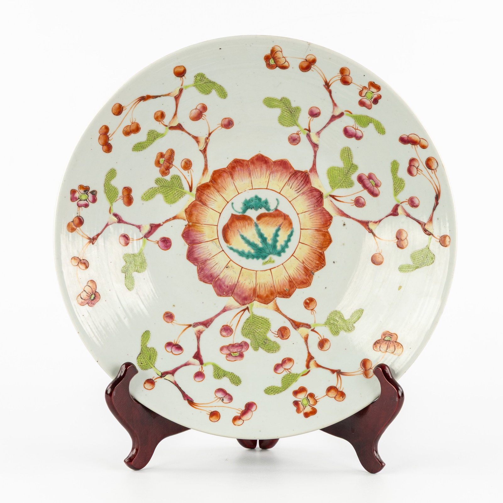 A Large Chinese Famille Rose plate or dish, decorated with peaches and cherry blossoms, 19th/20th C.: A Large Chinese Famille Rose plate, decorated with peaches and cherry blossoms, 19th/20th century. Chinese porcelain, Famille Rose.Dish or plate, decorated with cherry blossoms and peaches.Marked on