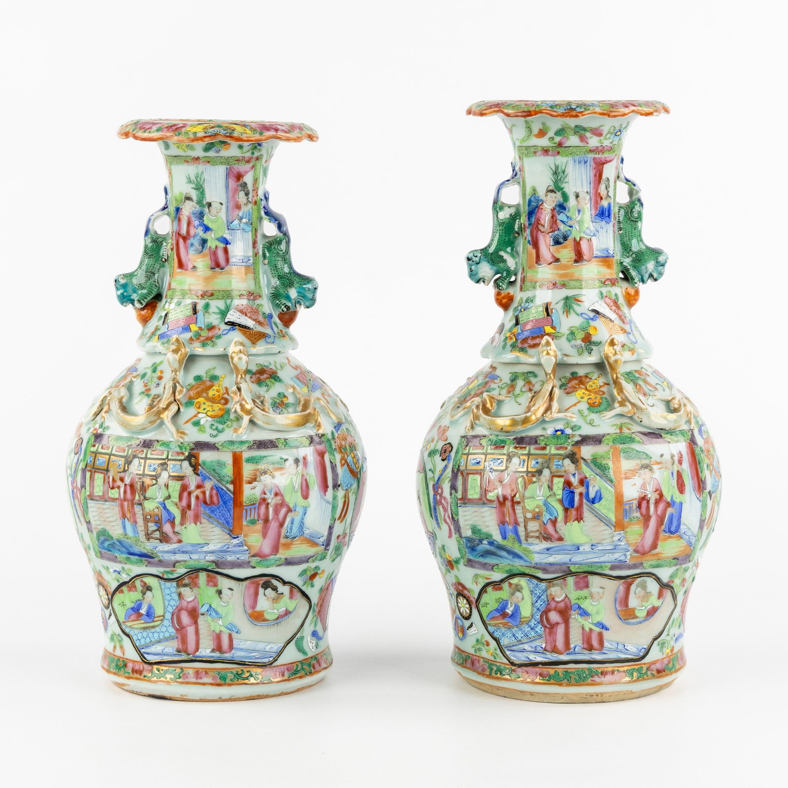 A Pair of Chinese Canton Famille Rose vases, Celadon, decorated with Foo Dogs and Dragons, 19th/20th (1 of 6)