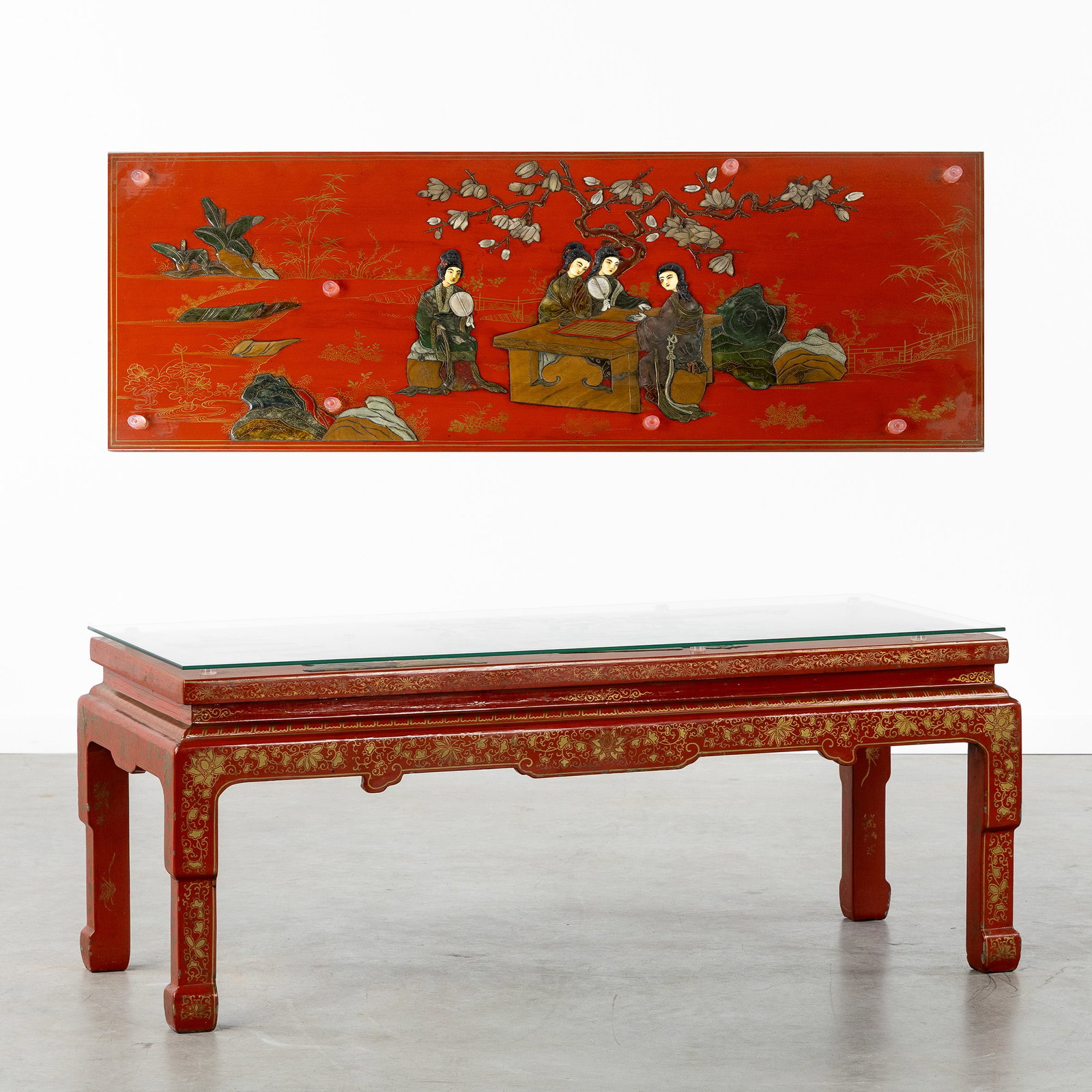 A Chinese red lacquered low table or coffee table with figurative relief decoration, sculptured wood (1 of 11)