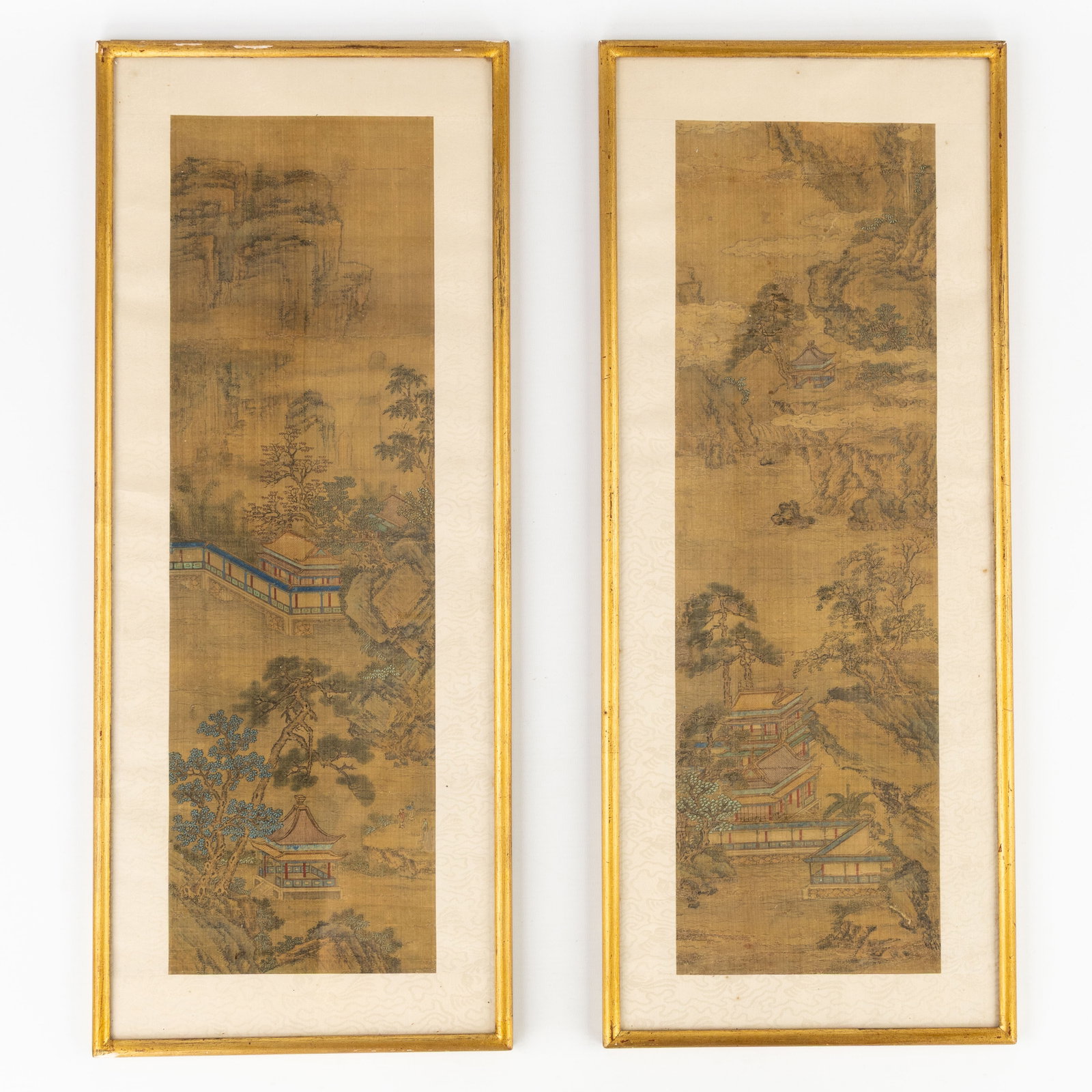 A Pair of Chinese pendant paintings on silk, landscapes with pagodas, 19th/20th C. (1 of 8)