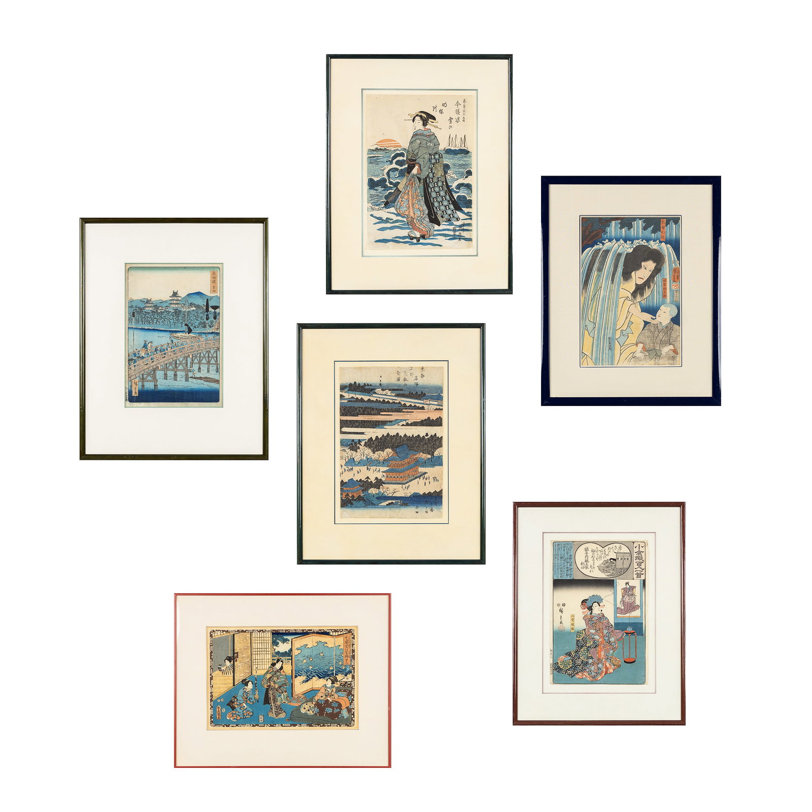 Hiroshige I Utagawa (1797-1858), Hiroshige II Utagawa (1826-1869) and others, six Japanese woodcuts: Hiroshige I Utagawa (1797-1858), Hiroshige II Utagawa (1826-1869) and others, six Japanese woodcuts or Ukiyo-e, 19th century. Six Japanese woodcuts or Ukiyo-e. Hiroshige I Utagawa or Hiroshige An