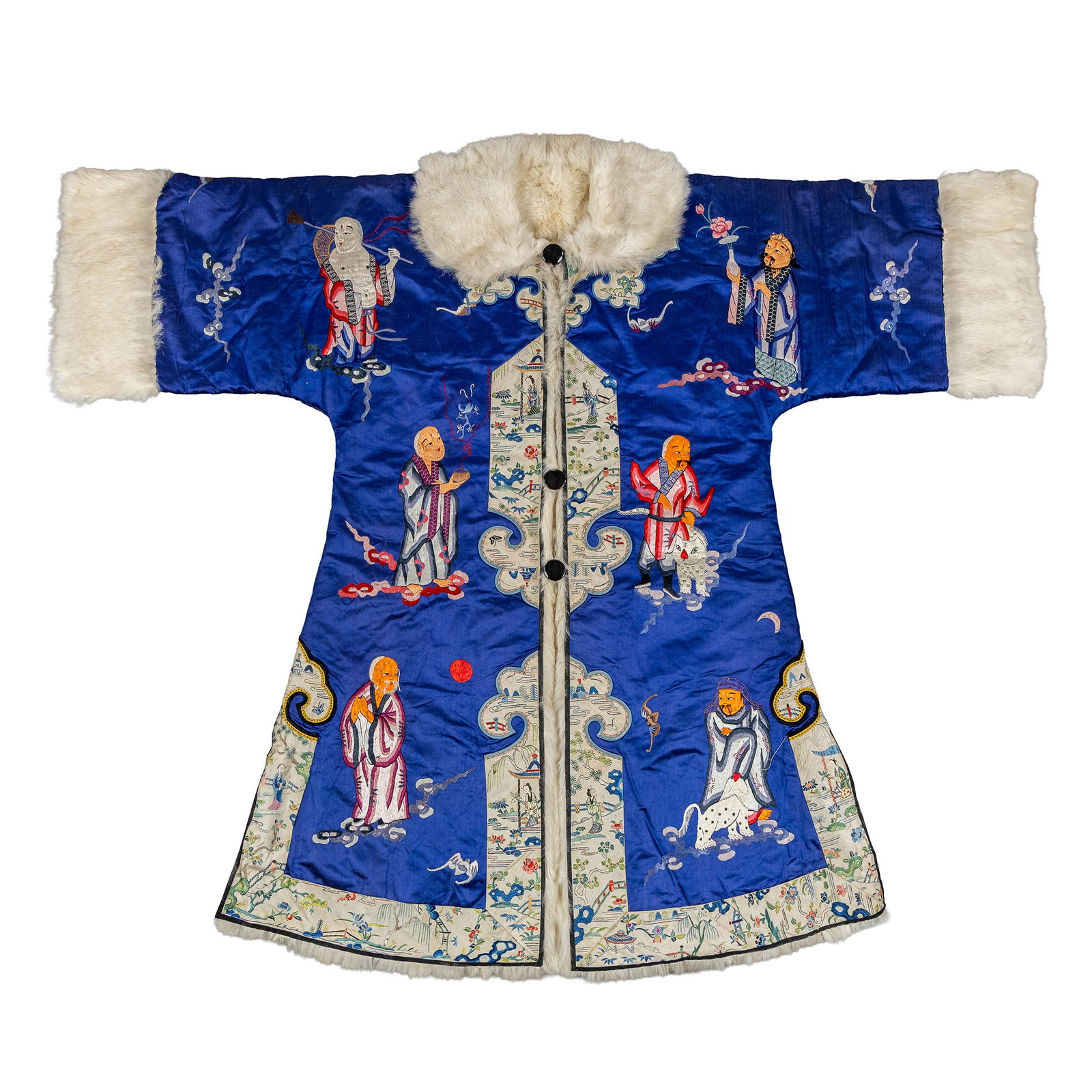 A Chinese fur-lined silk coat, decorated with embroidered Bats and Immortals. (1 of 15)