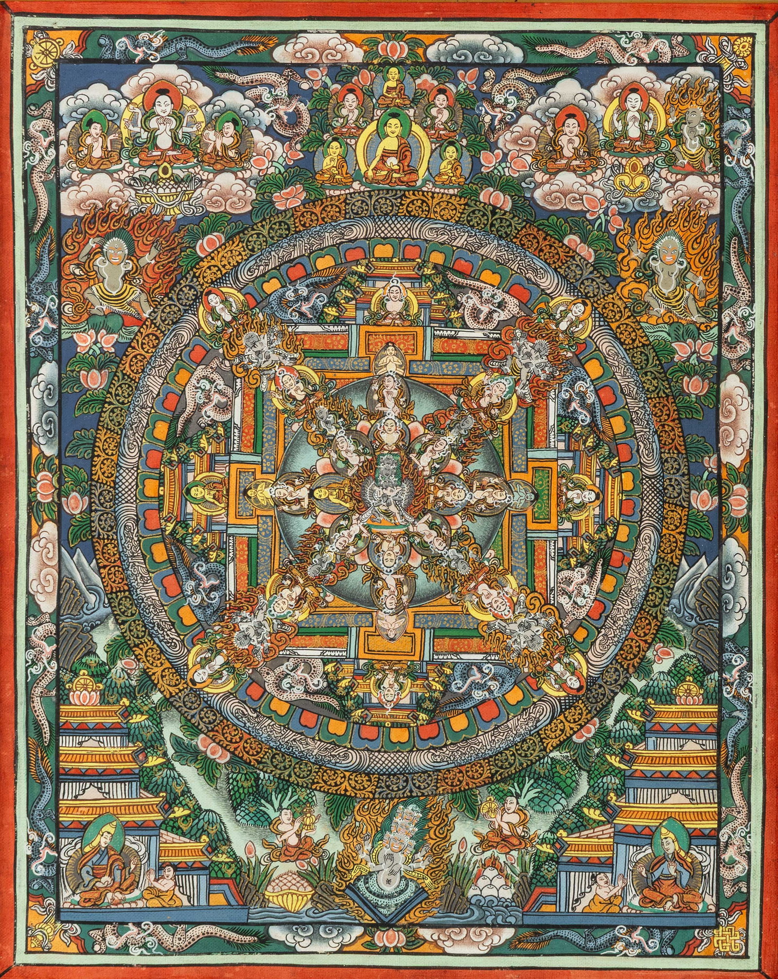 A Tibettan Mandala Thangka, hand-painted on silk. 20th C.: A Tibettan Mandala Thangka, hand-painted on silk. 20th C. Framed behind glass. 50 x 43 cm. (28 x 35 x 0 cm)