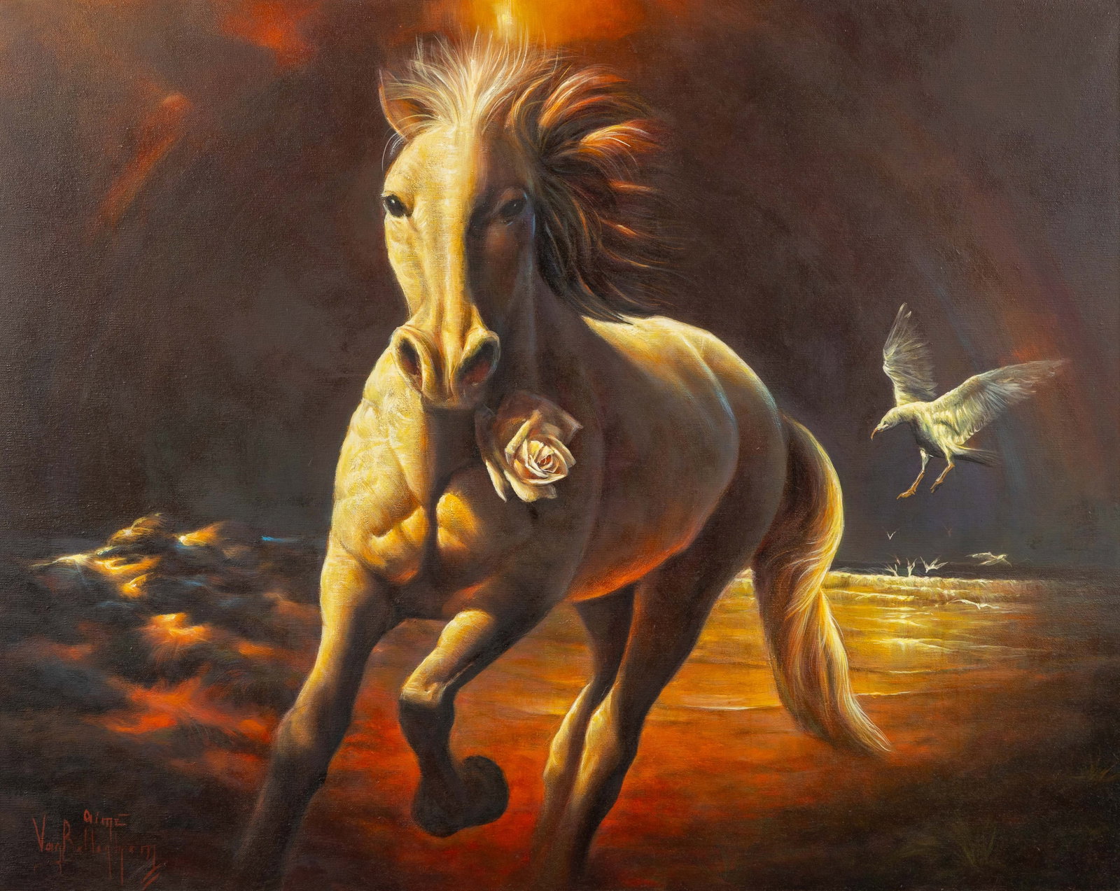 Aimé Van Belleghem (1922-1996) 'Horse in the Surf', oil on canvas.: Aimé Van Belleghem (1922-1996) 'Horse in the Surf', oil on canvas. Oil on canvas.Signed lower left. (103 x 123 cm) (100 x 80 x 0 cm)