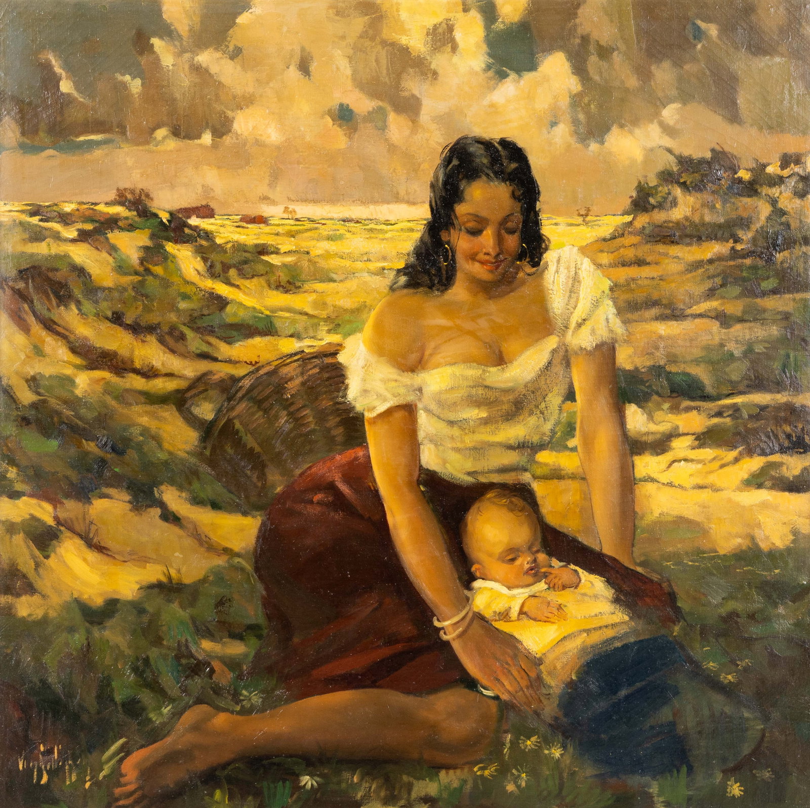 Aimé Van Belleghem (1922-1996) 'Gypsy Mother with Child', oil on canvas.: Aimé Van Belleghem (1922-1996) 'Gypsy Mother with Child', oil on canvas. Oil on canvas.Signed lower left. (145 x 145 cm) (125 x 125 x 0 cm)