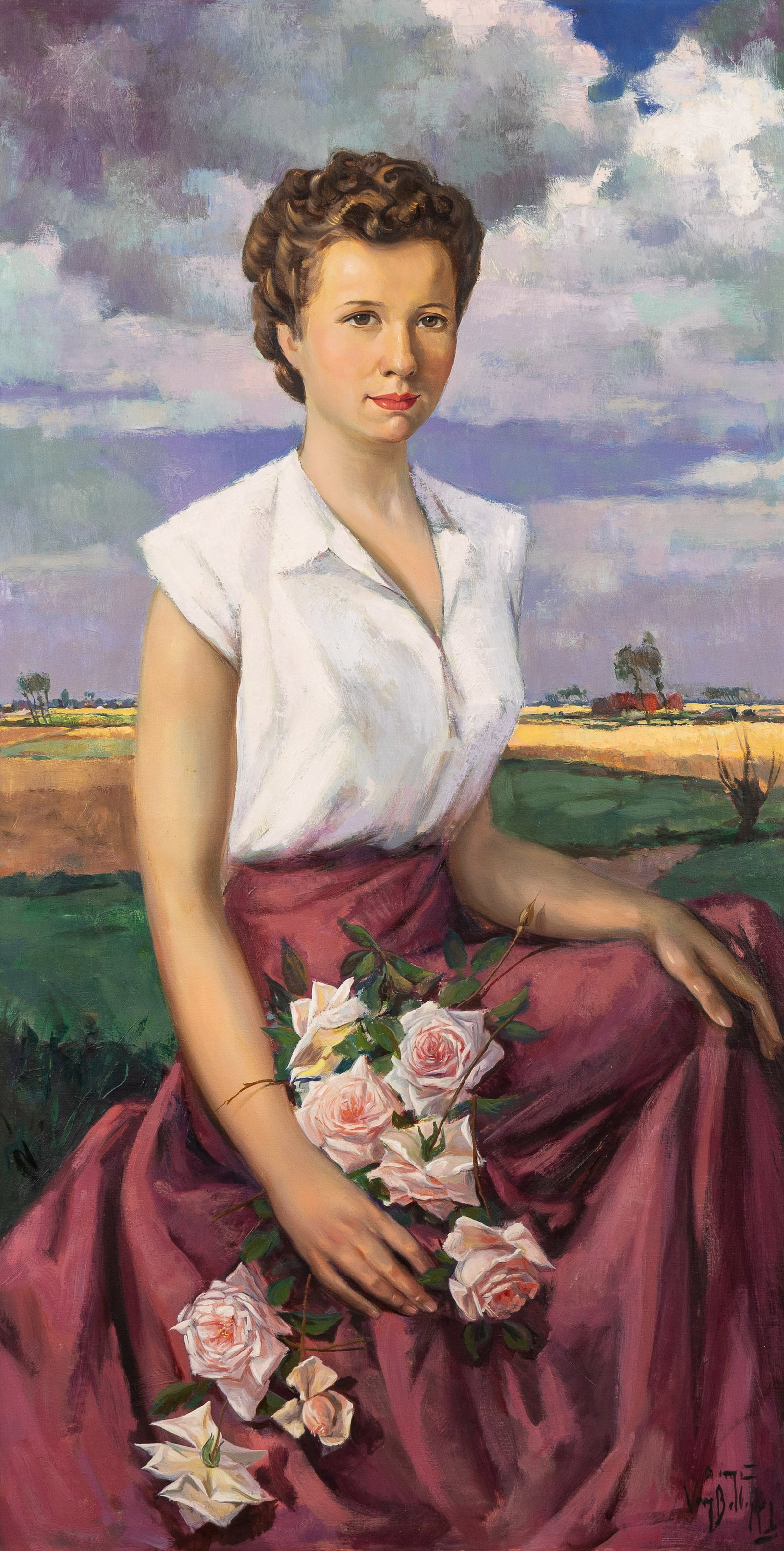 Aimé Van Belleghem (1922-1996) 'Young Lady with Bouquet of Roses', oil on canvas (1954).: Aimé Van Belleghem (1922-1996) 'Young Lady with Bouquet of Roses', oil on canvas (1954). Oil on canvas.Signed lower right.Dated on the back. (158 x 95 cm) (70