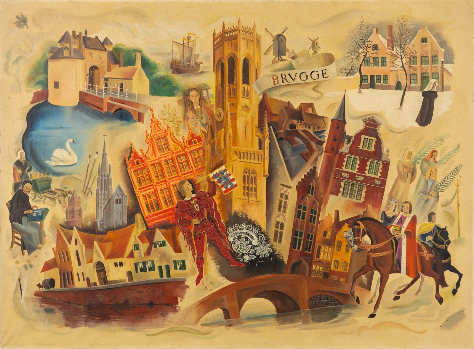 Bruges, a large painting with views and scenes from historic Bruges, Flanders, circa 1950. (1 of 10)