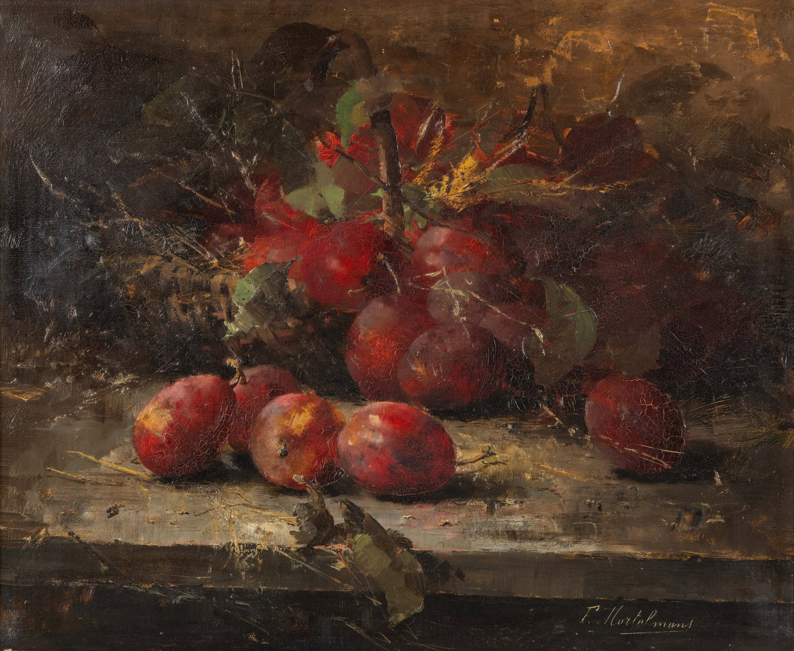 Frans Mortelmans (1865-1936) 'Still Life with Plums', oil on canvas.: Frans Mortelmans (1865-1936) 'Still Life with Plums', oil on canvas. Oil on canvas.Signed lower right.Stretcher frame with wax seal 'Collection Madame K. Ooms, Anvers, Vente 1922'.