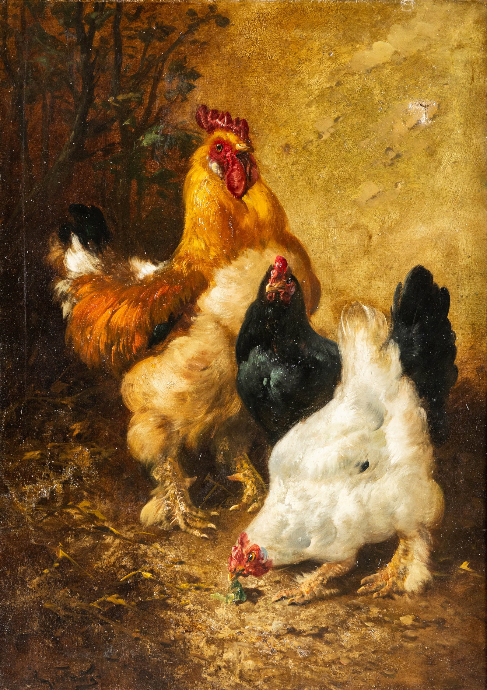 Henry Schouten (1857/64-1927) 'Proud Rooster with Hens', oil on canvas.: Henry Schouten (1857/64-1927) 'Proud Rooster with Hens', oil on canvas. Oil on canvas.Signed lower left. (123 x 94 cm) (68.5 x 97 x 0 cm)