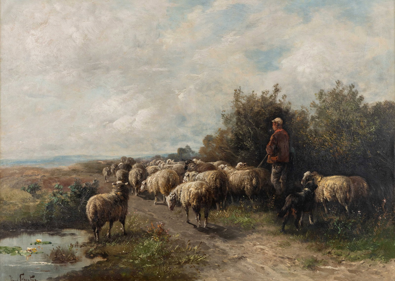 Henry Schouten (1857/64-1927) 'Sheep with Shepherd', oil on canvas.: Henry Schouten (1857/64-1927) 'Sheep with Shepherd', oil on canvas. Oil on canvas.Signed lower left. (88 x 166 cm) (100 x 73 x 0 cm)