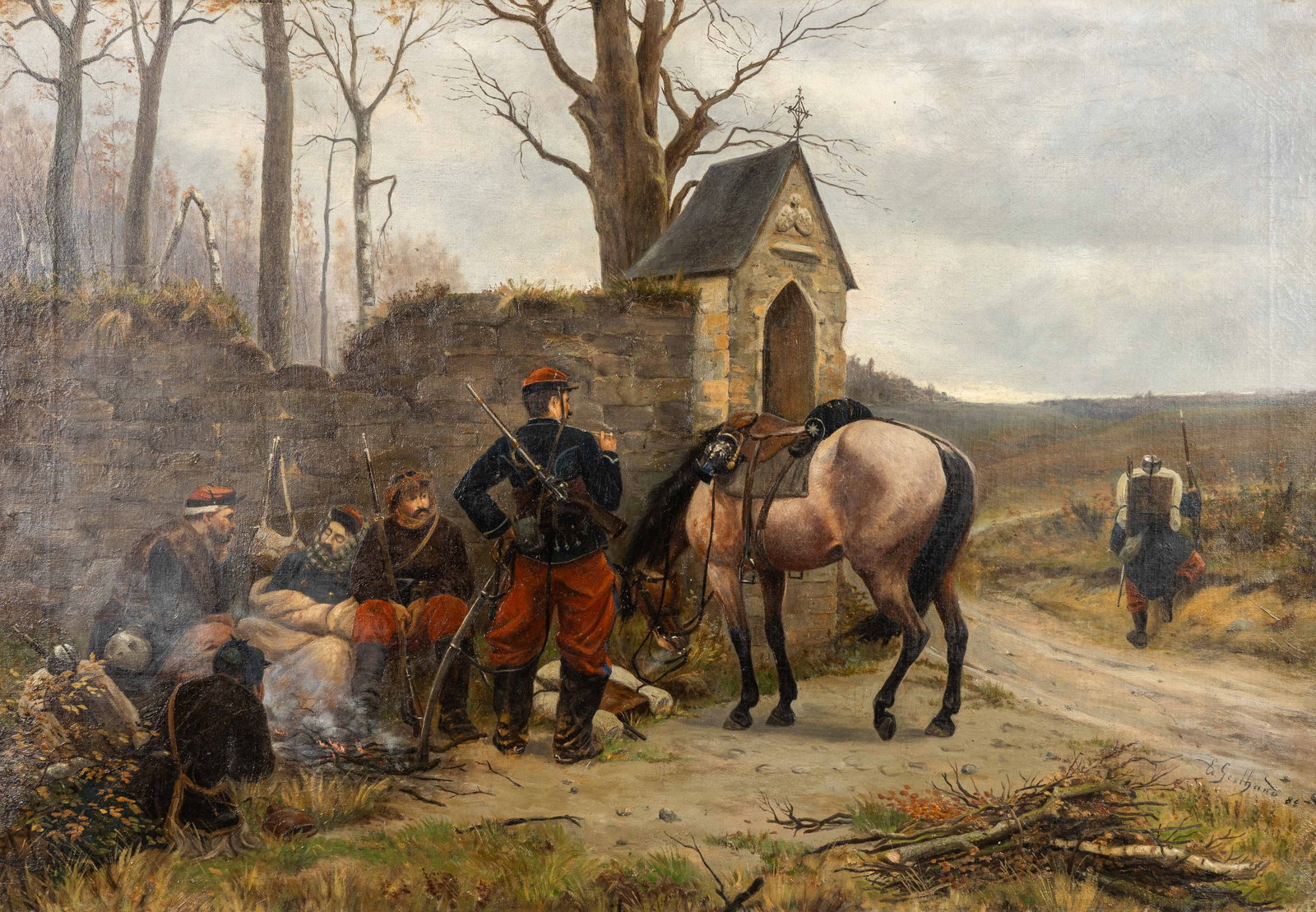 Edouard Geelhand (1853-1938) 'Bivouac d'Avant-Garde', oil on canvas (1884).: Edouard Geelhand (1853-1938) 'Bivouac d'Avant-Garde', oil on canvas (1884). (Vanguard's bivouac)Oil on canvas.Signed and dated lower right. (100.5 x 130.5 cm) (100
