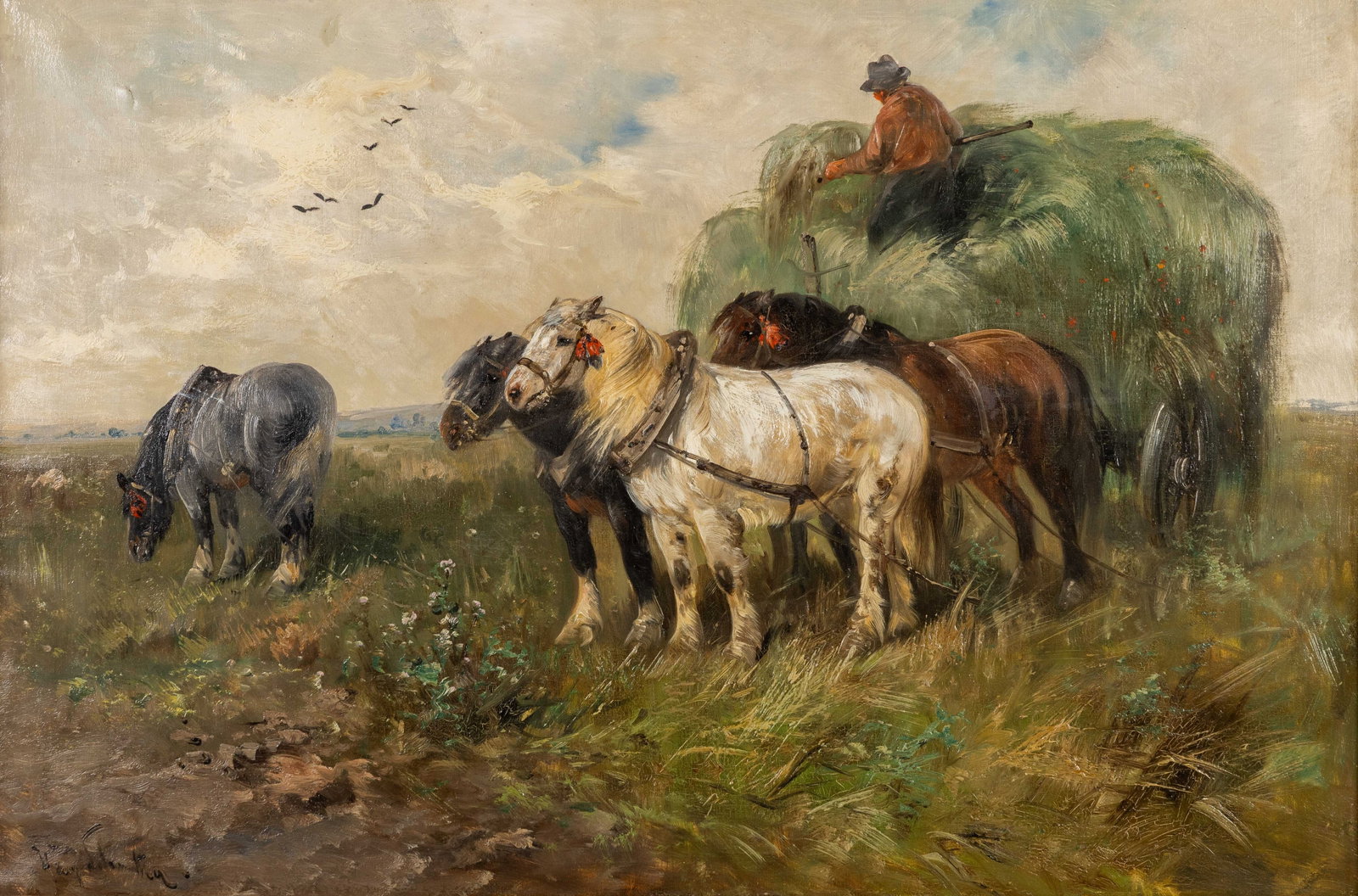 Henry Schouten (1857/64-1927) 'Hay Wagon with Horses', oil on canvas.: Henry Schouten (1857/64-1927) 'Hay Wagon with Horses', oil on canvas. Oil on canvas.Signed lower left. (111 x 151 cm) (121 x 80.5 x 0 cm)