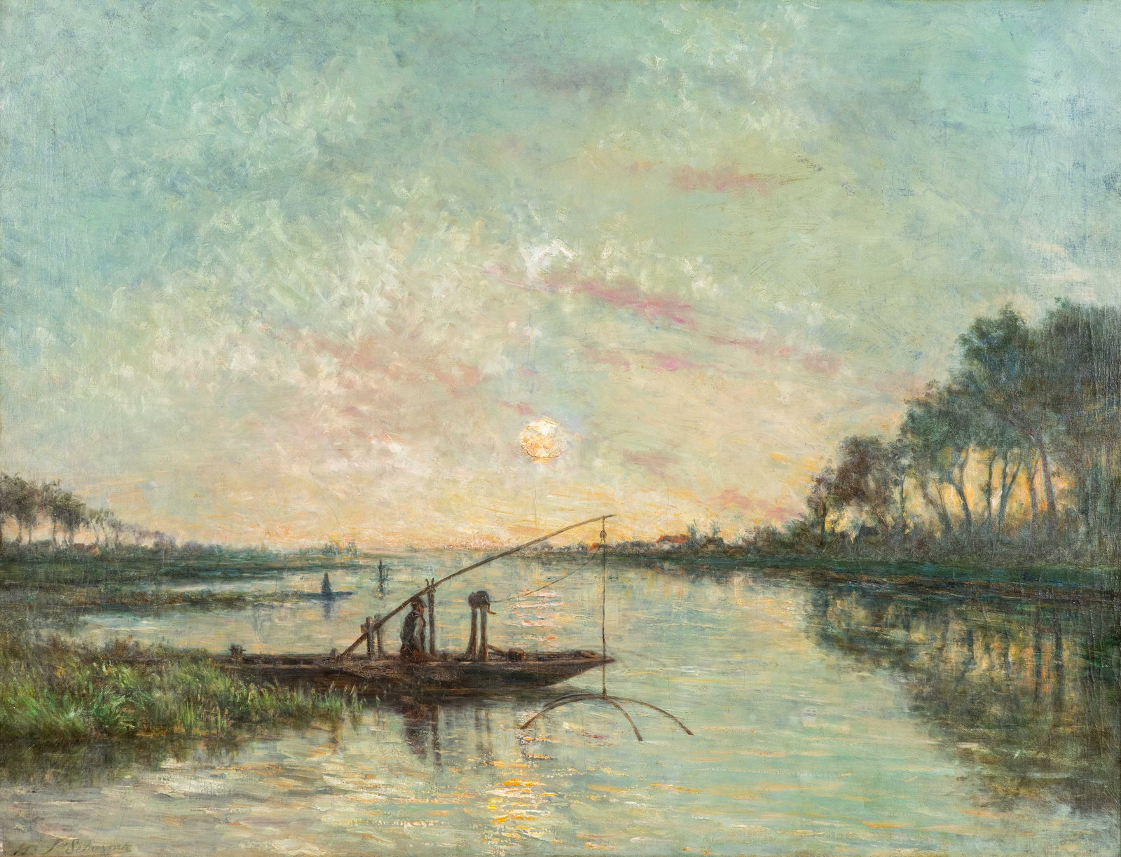 Théodore Tscharner (1826-1906) 'Paysage fluvial avec pêcheur d'anguilles au cré: Théodore Tscharner (1826-1906) 'Paysage fluvial avec pêcheur d'anguilles au crépuscule', oil on canvas. (River landscape with an eel fisherman at dusk)Oil on canvas.Signed lower left.