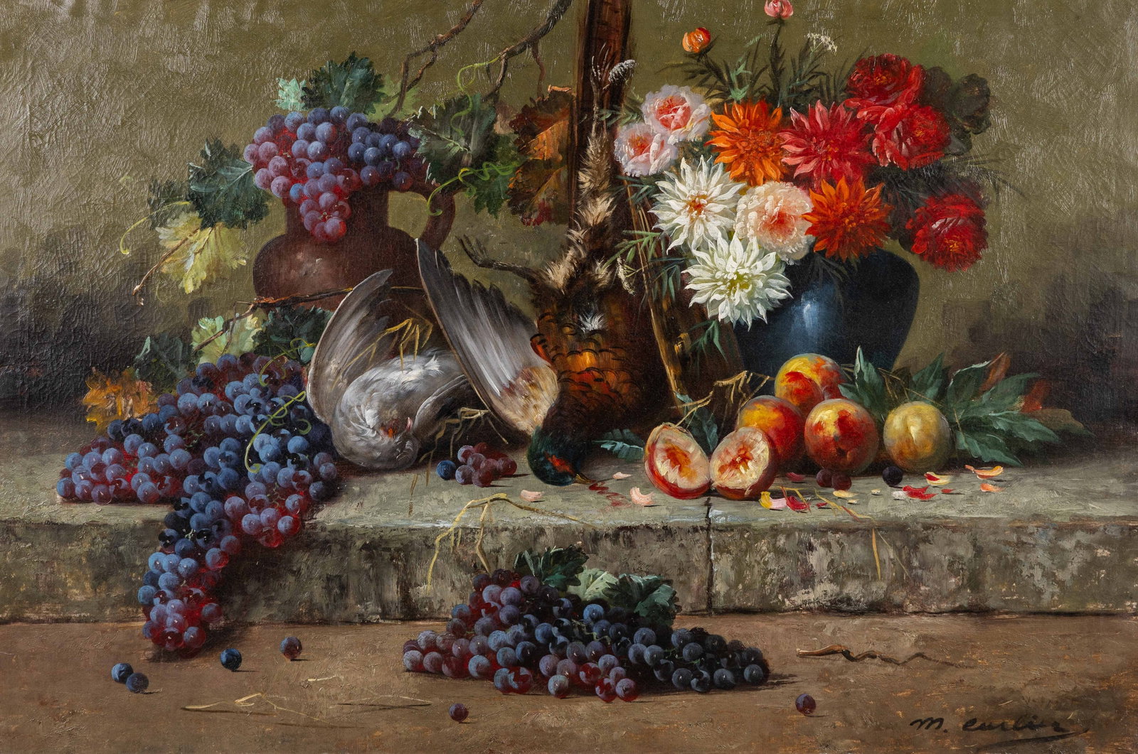 Max Carlier (1872-1938) 'Still Life with Dove and Pheasant, Nature Morte', oil on canvas.: Max Carlier (1872-1938) 'Still Life with Dove and Pheasant, Nature Morte', oil on canvas. Oil on canvas.Signed lower left. (102 x 143 cm) (121 x 81 x 0 cm)