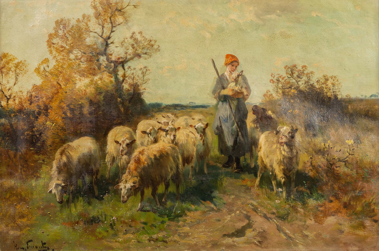 Henry Schouten (1857/64-1927) 'Shepherdess with Sheep', oil on canvas.: Henry Schouten (1857/64-1927) 'Shepherdess with Sheep', oil on canvas. Oil on canvas.Signed lower left. (62 x 81 cm) (60.5 x 41.5 x 0 cm)