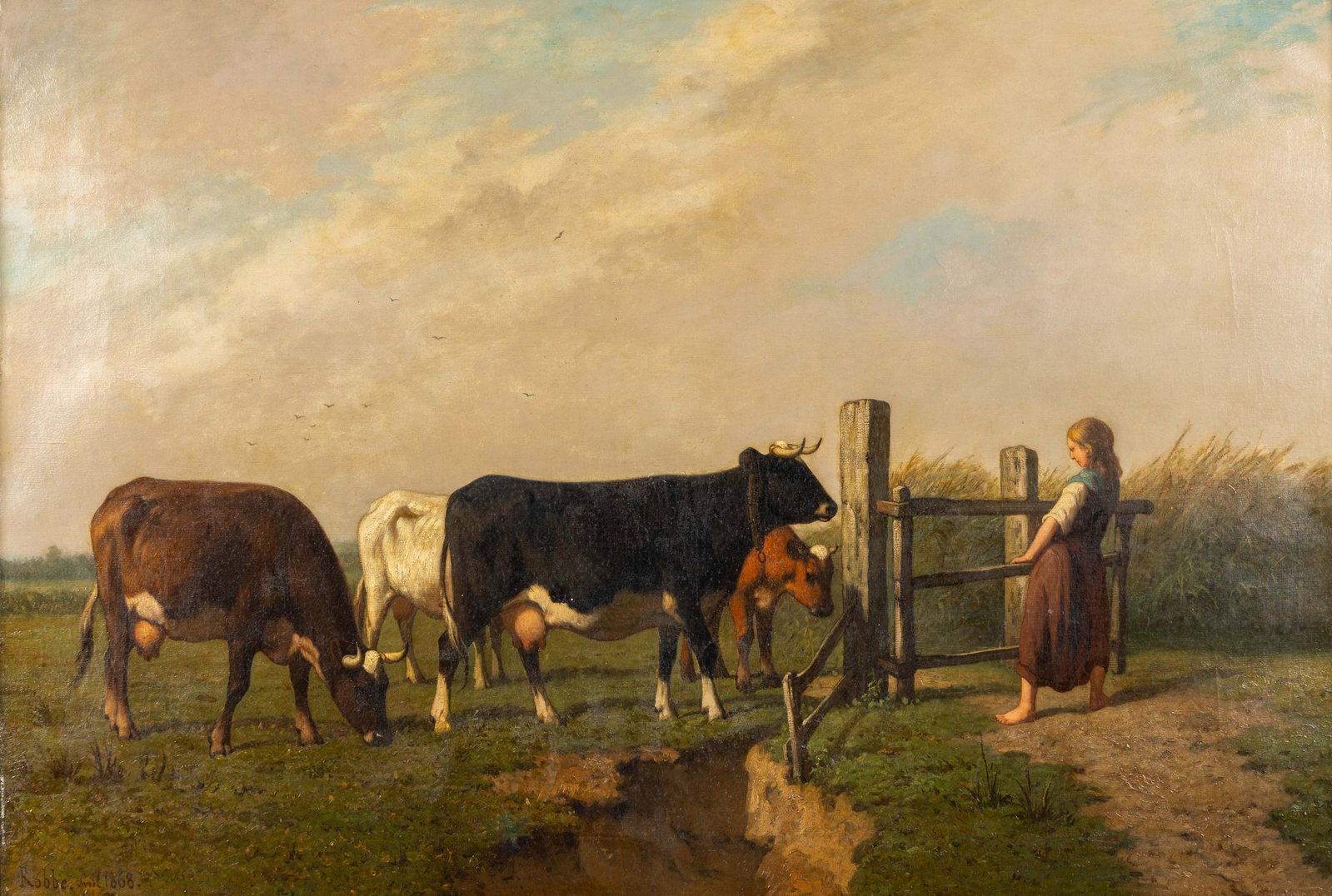 Louis Robbe (1806-1887) 'Farm Girl with Cows', oil on canvas (1868).: Louis Robbe (1806-1887) 'Farm Girl with Cows', oil on canvas (1868). Oil on canvas.Signed and dated lower left. (104 x 144 cm) (125 x 85 x 0 cm)