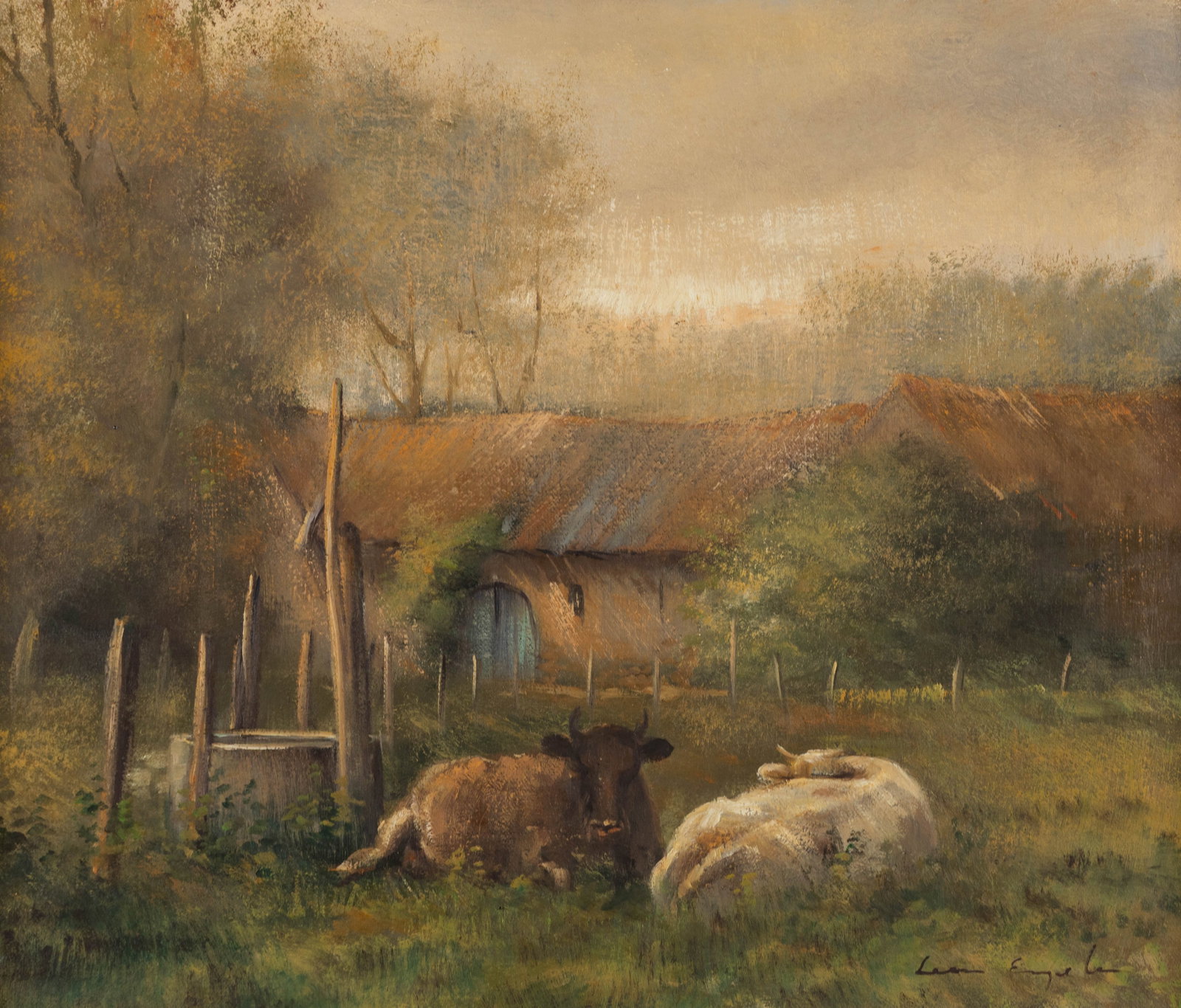 Leon Engelen (1943) 'Resting Cows', oil on canvas.: Leon Engelen (1943) 'Resting Cows', oil on canvas. Oil on canvas.Signed lower right. (77.5 x 87.5 cm) (70 x 60 x 0 cm)