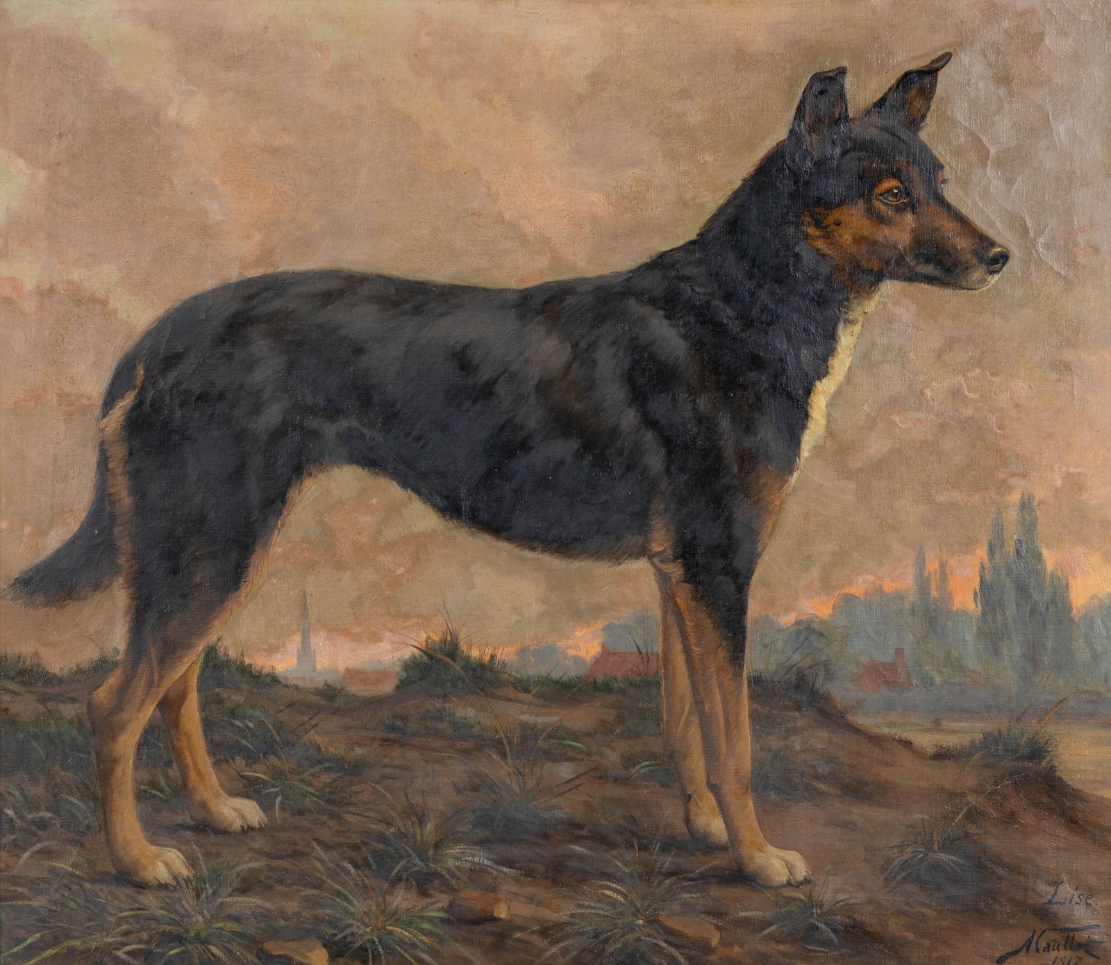 Albert Caullet (1875-1950) 'Lise', portrait of a dog, oil on canvas (1917).: Albert Caullet (1875-1950) 'Lise', portrait of a dog, oil on canvas (1917). Oil on canvas. Portrait of a dog. Signed, dated, and titled lower right. (98.5 x 110.5 cm) (89 x 77 x 0 cm)