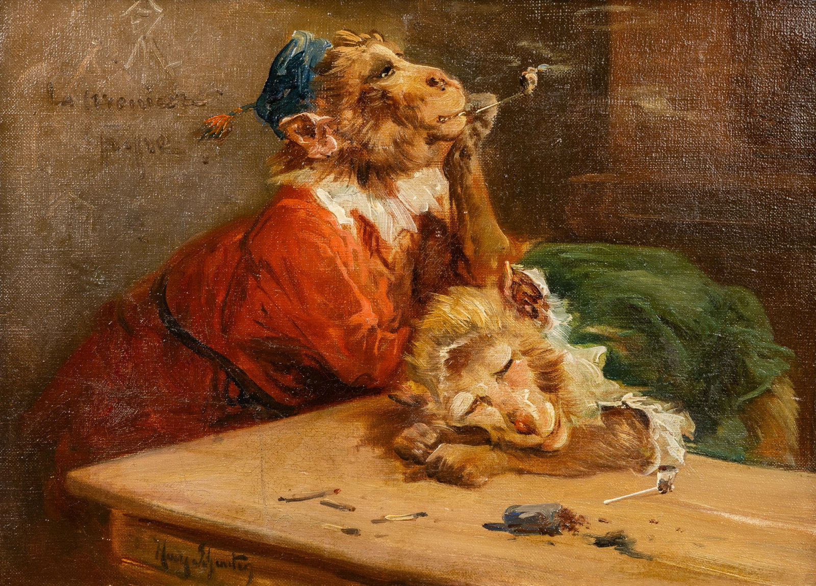 Henry Schouten (1857/64-1927) 'La Premiere Pipe', a singerie, oil on canvas.: Henry Schouten (1857/64-1927) 'La Premiere Pipe', a singerie, oil on canvas. Oil on canvas.Signed lower left.Titled upper left. (40.5 x 51 cm) (40 x 30 x 0 cm)