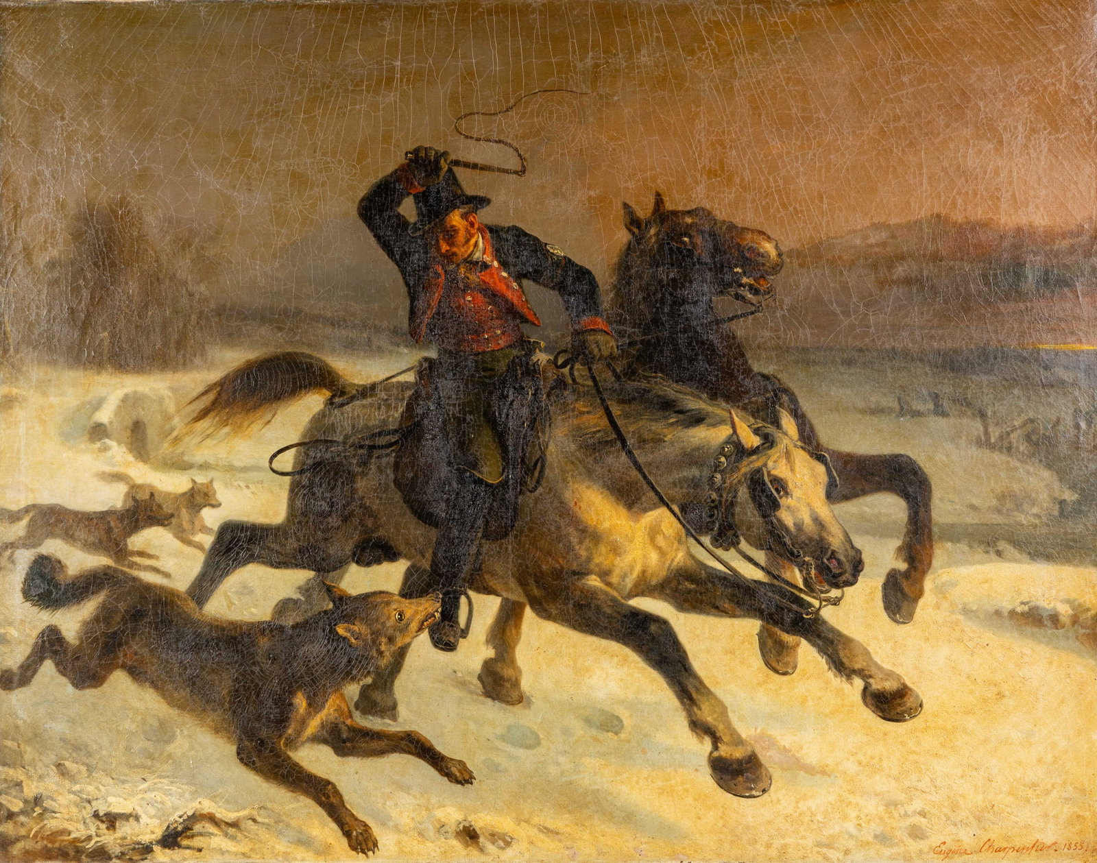 Louis Eugène Charpentier (1811-1890) 'Postilion Attacked by Wolves', oil on canvas (1855). (1 of 8)