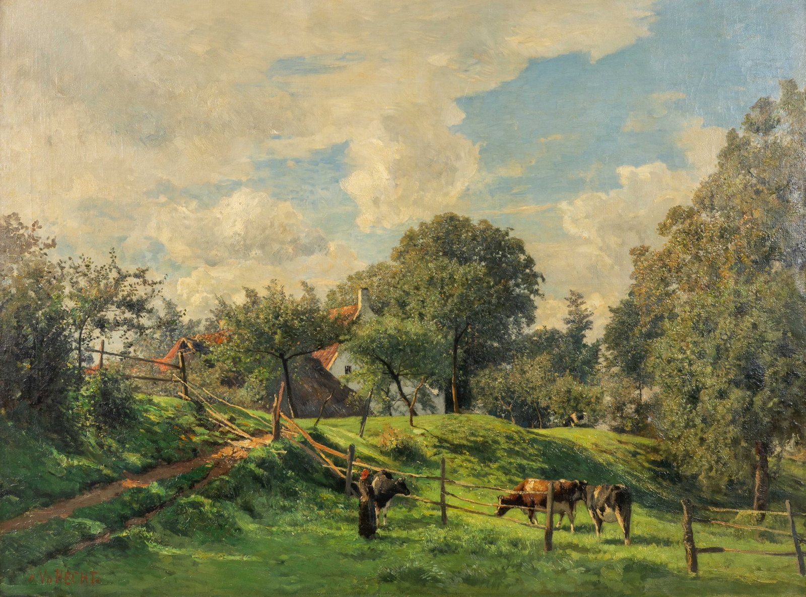 Henri Van der Hecht (1841-1901) 'Farm Girl with Cows', oil on canvas. (1 of 7)